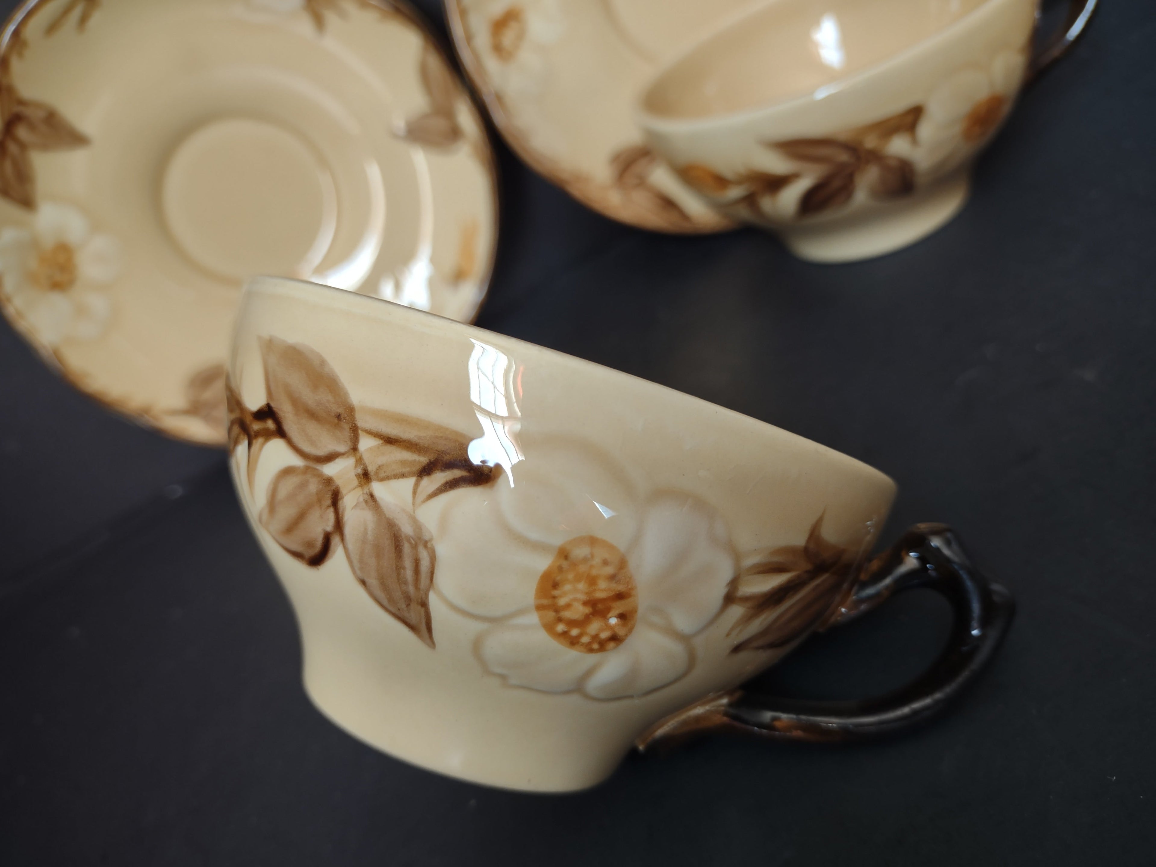 Franciscan Wild Rose two cup and saucer sets front view