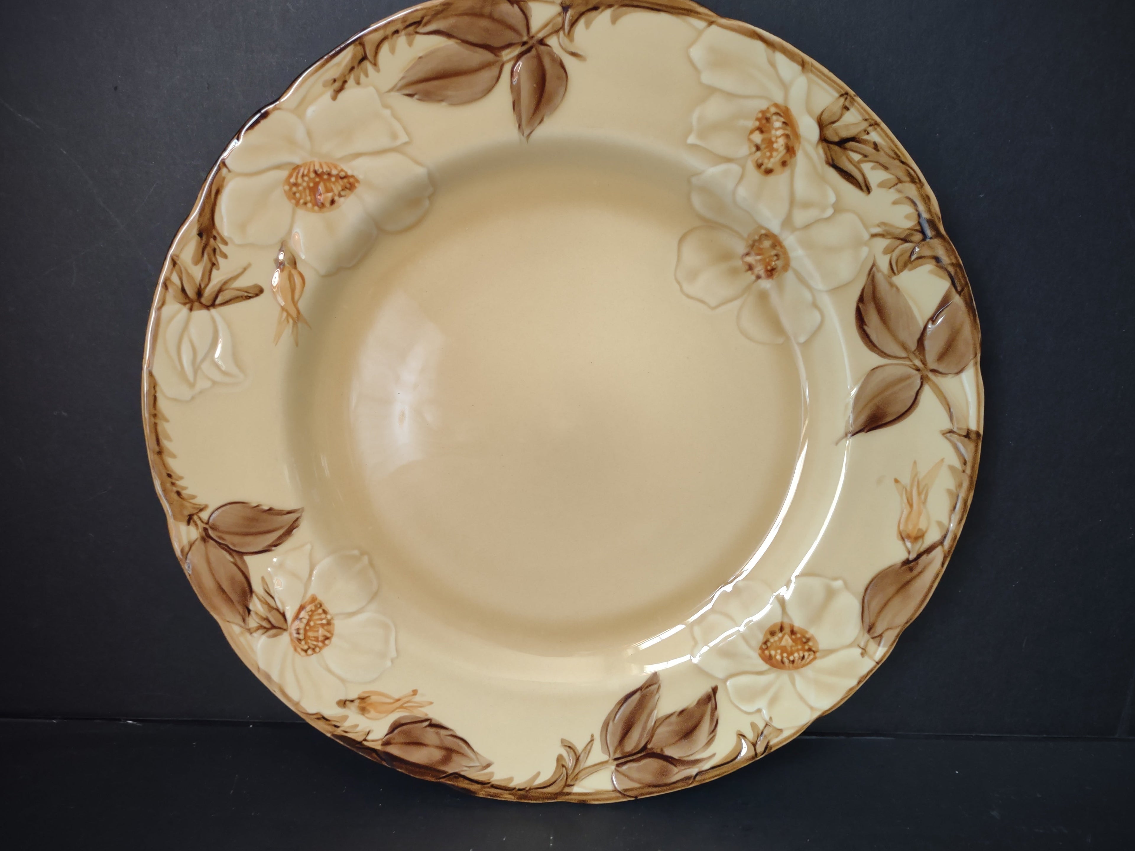 Franciscan Cafe Royal rim soup bowl side angle showing scalloped rim and raised camellia detail