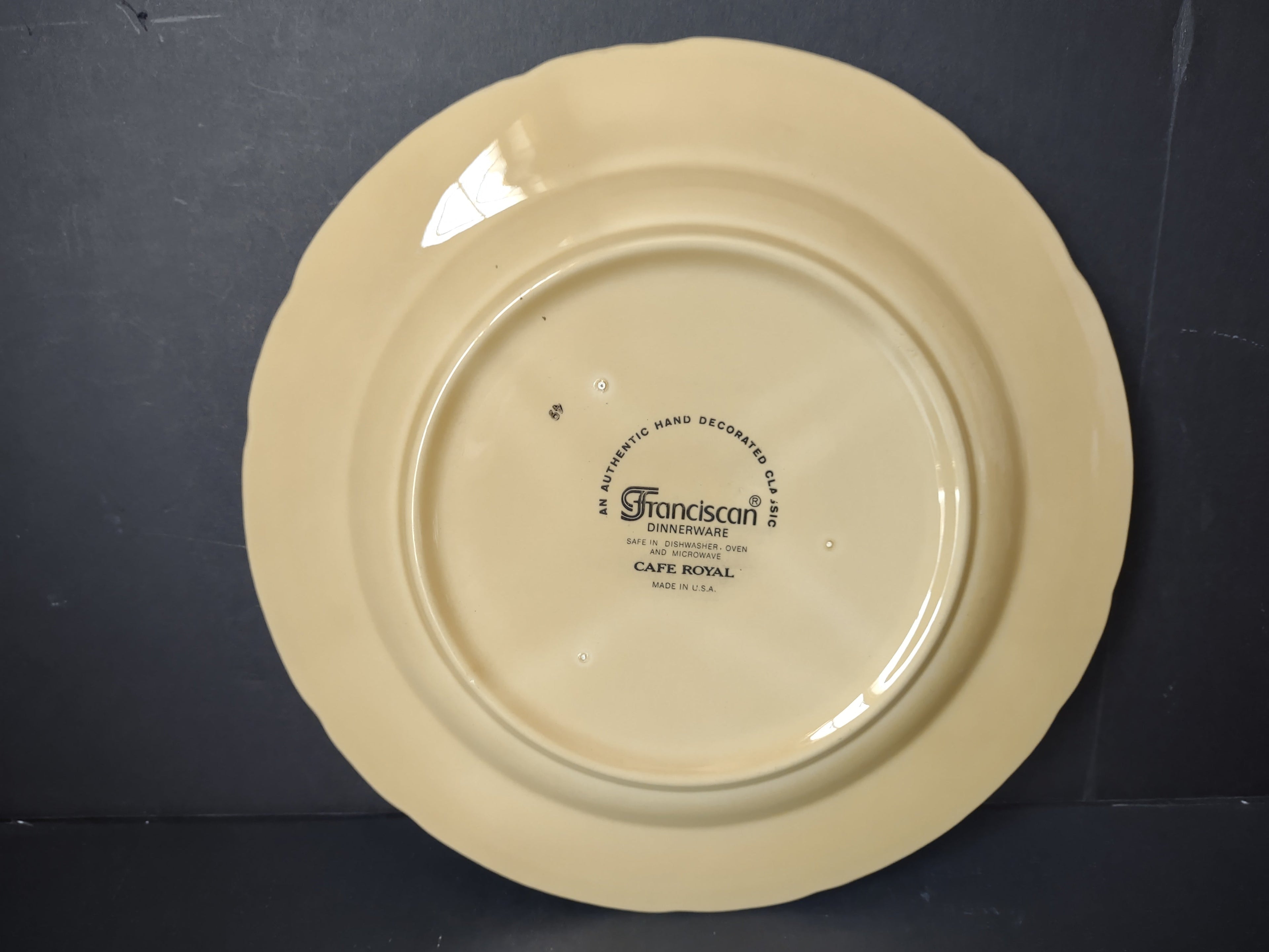 Franciscan Dinnerware Cafe Royal rim soup bowl, cream ground with raised white camellia and brown leaves, gold trim