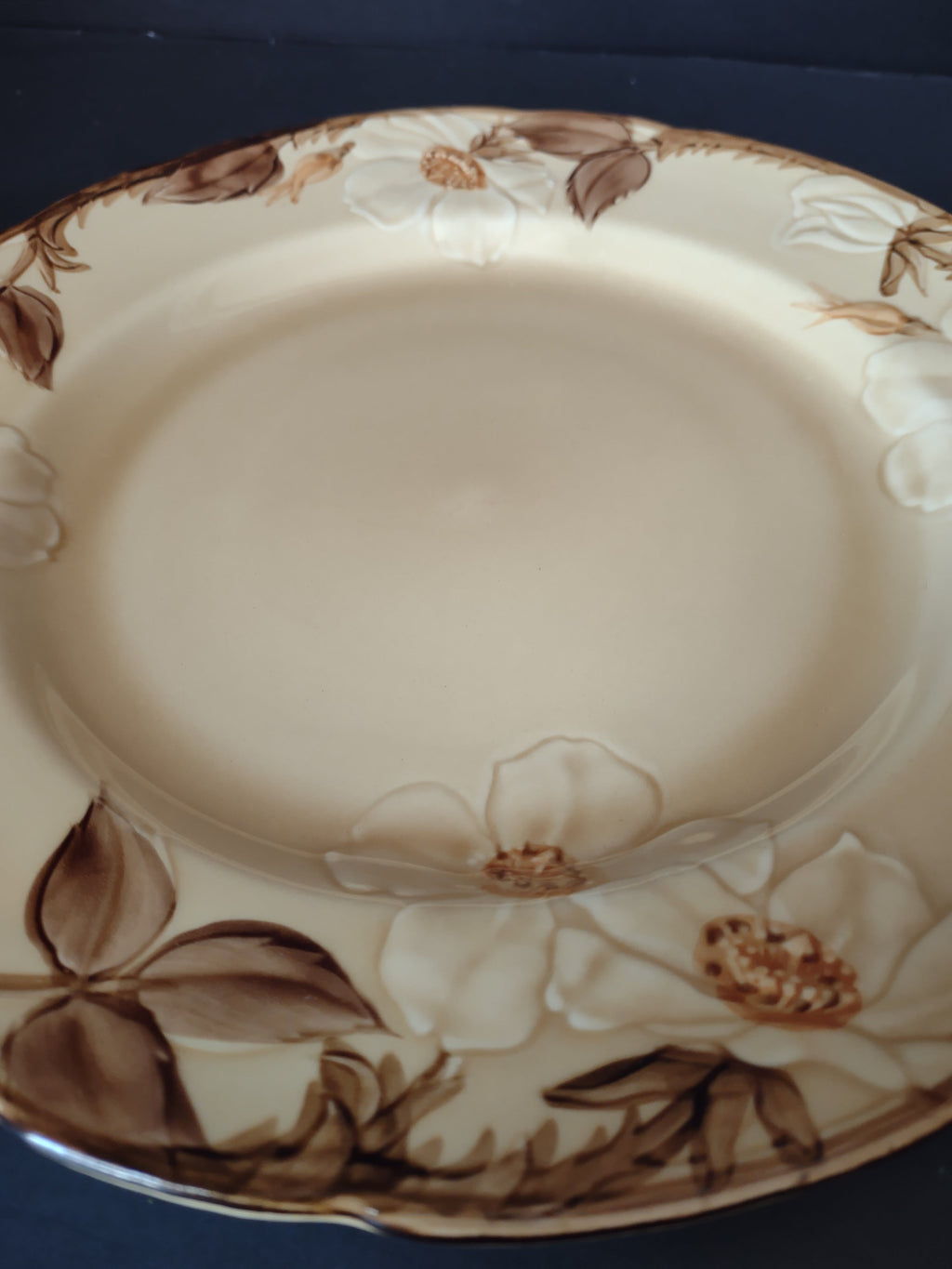 Franciscan Cafe Royal rim soup bowl close-up of raised white camellia blossom and brown leaf detail