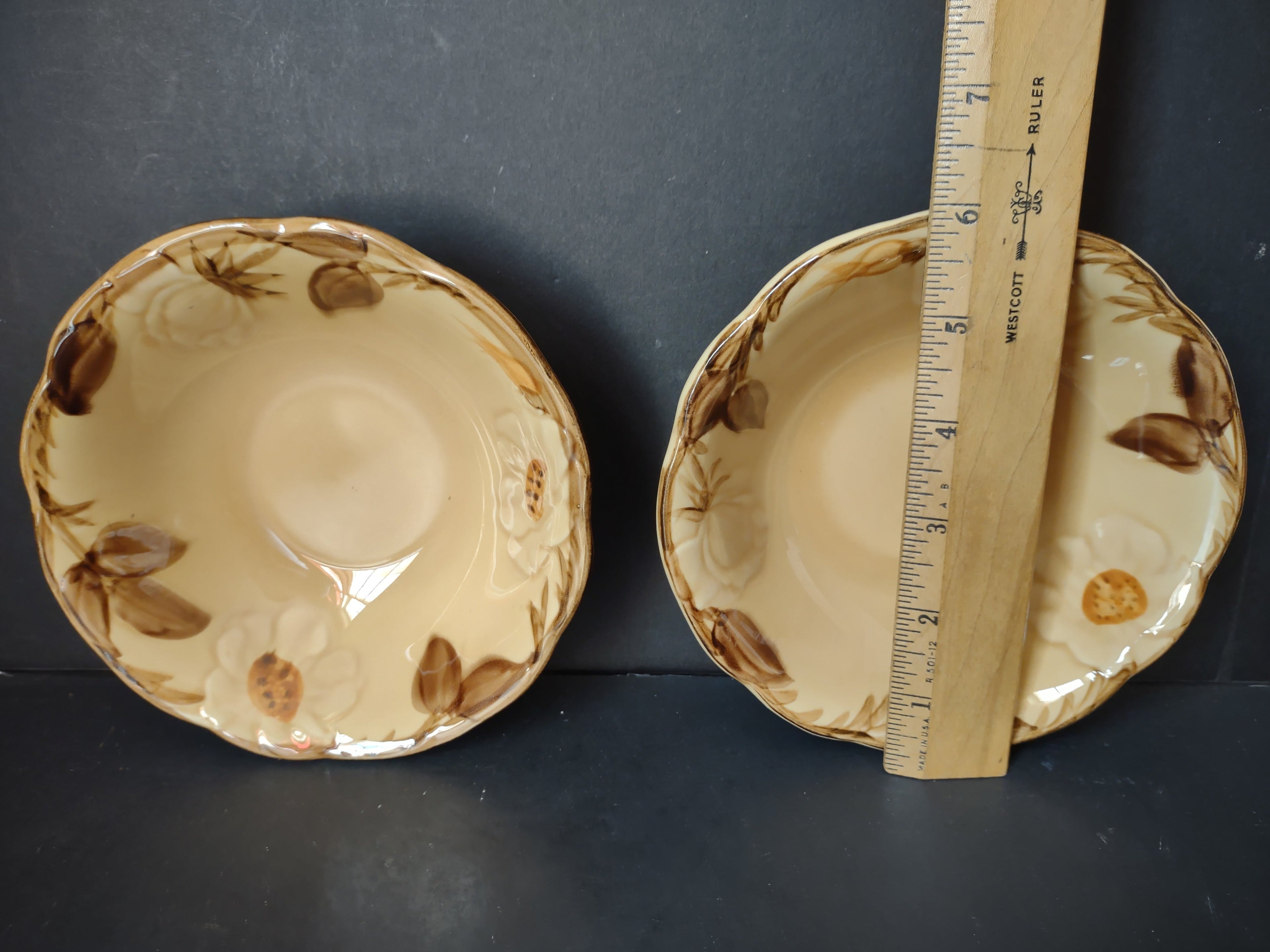 Metlox Poppytrail Cafe Royal berry bowls set of 2, cream ground with raised white camellia and brown leaves
