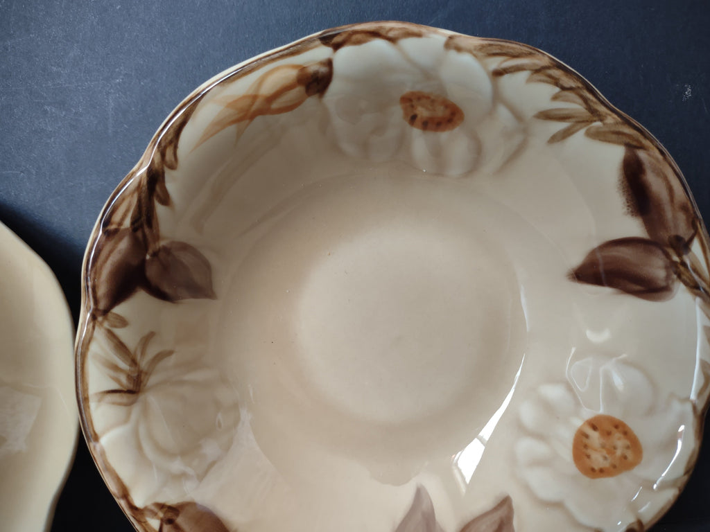 Metlox Poppytrail Cafe Royal berry bowl side profile showing scalloped rim and gold trim