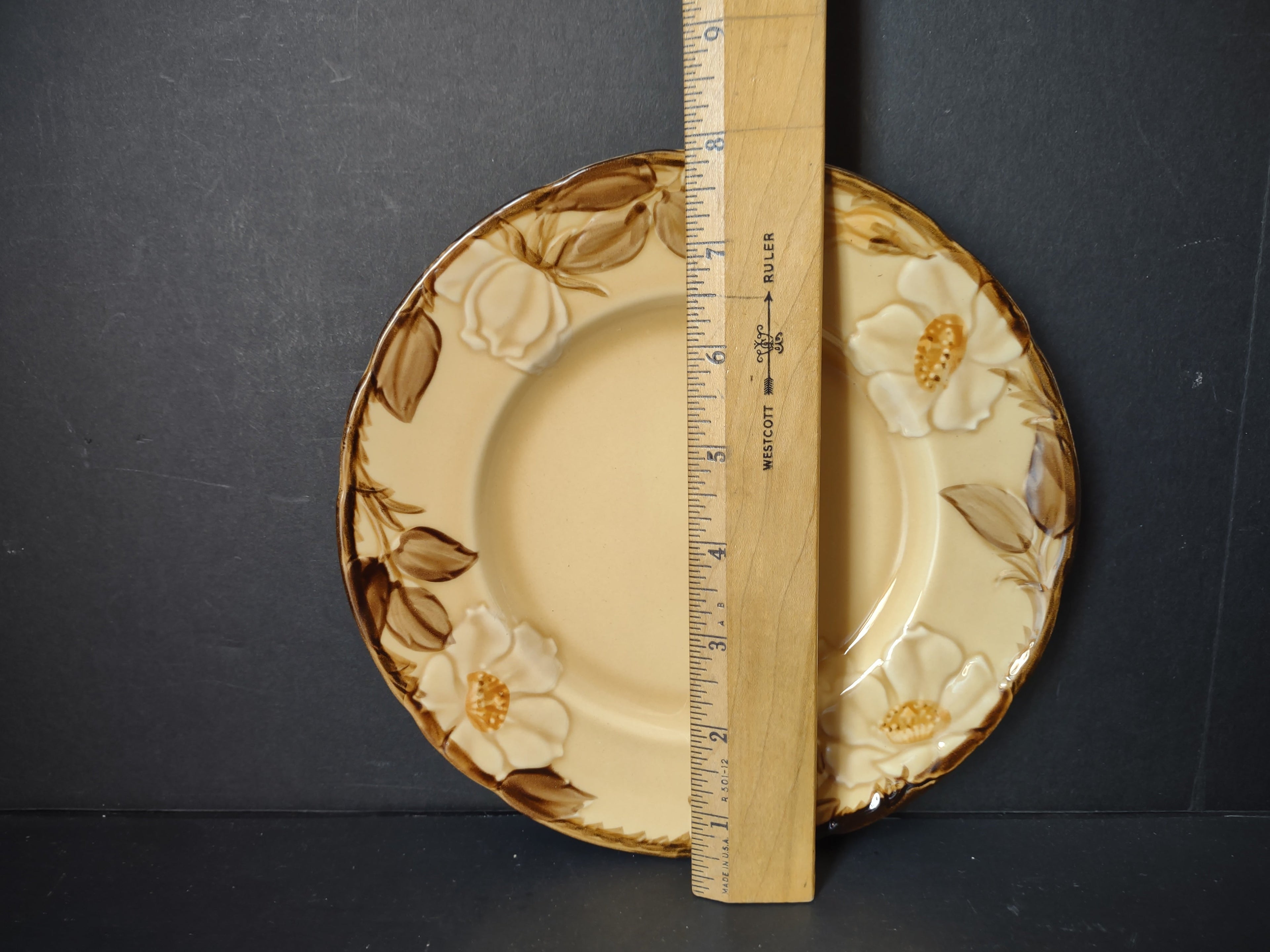 Vintage Franciscan Dinnerware plate with ruler showing approximately 6 inch diameter