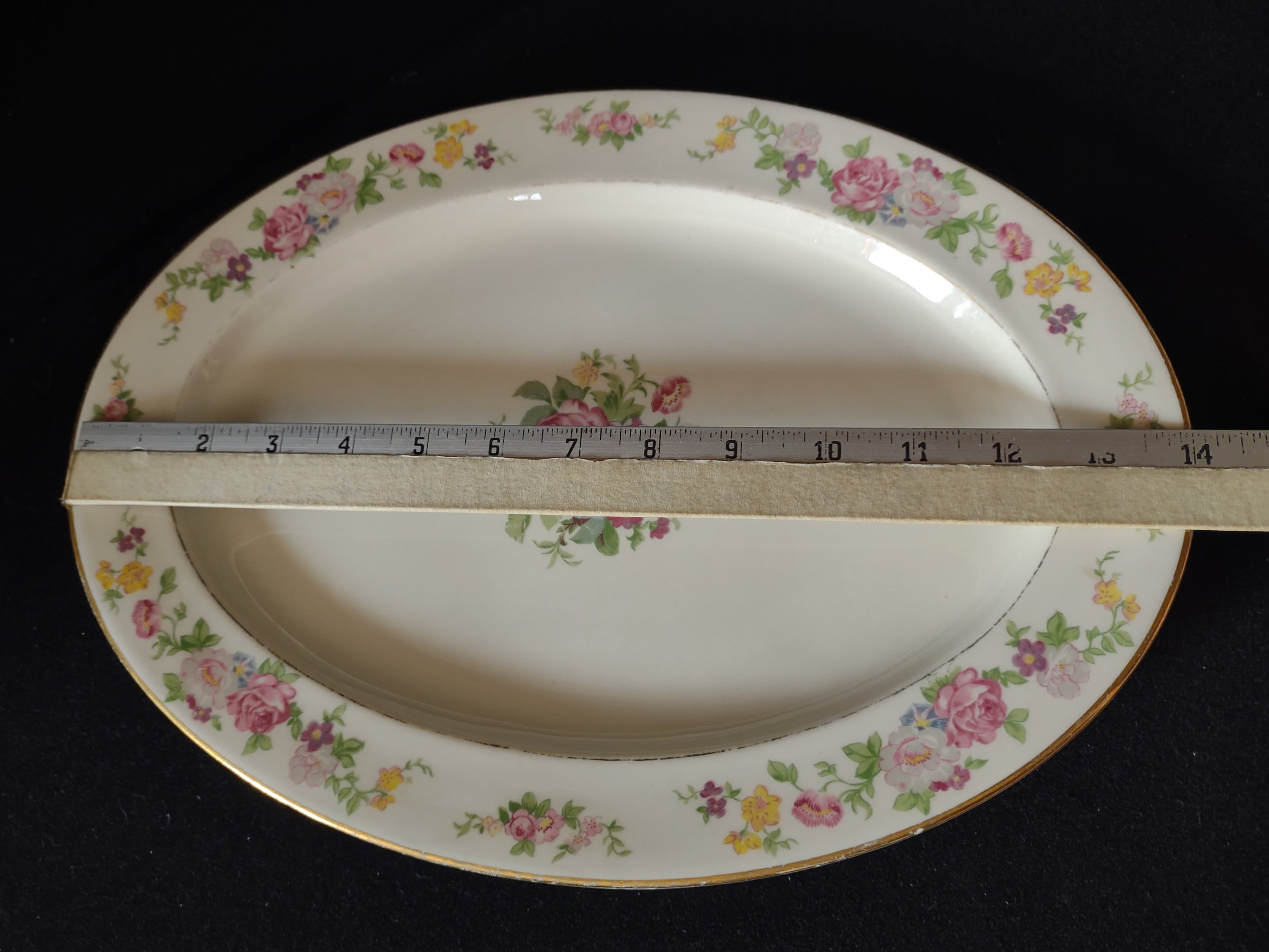 Vintage Lamberton China Dolly Madison oval serving platter back view showing off-white glazed base