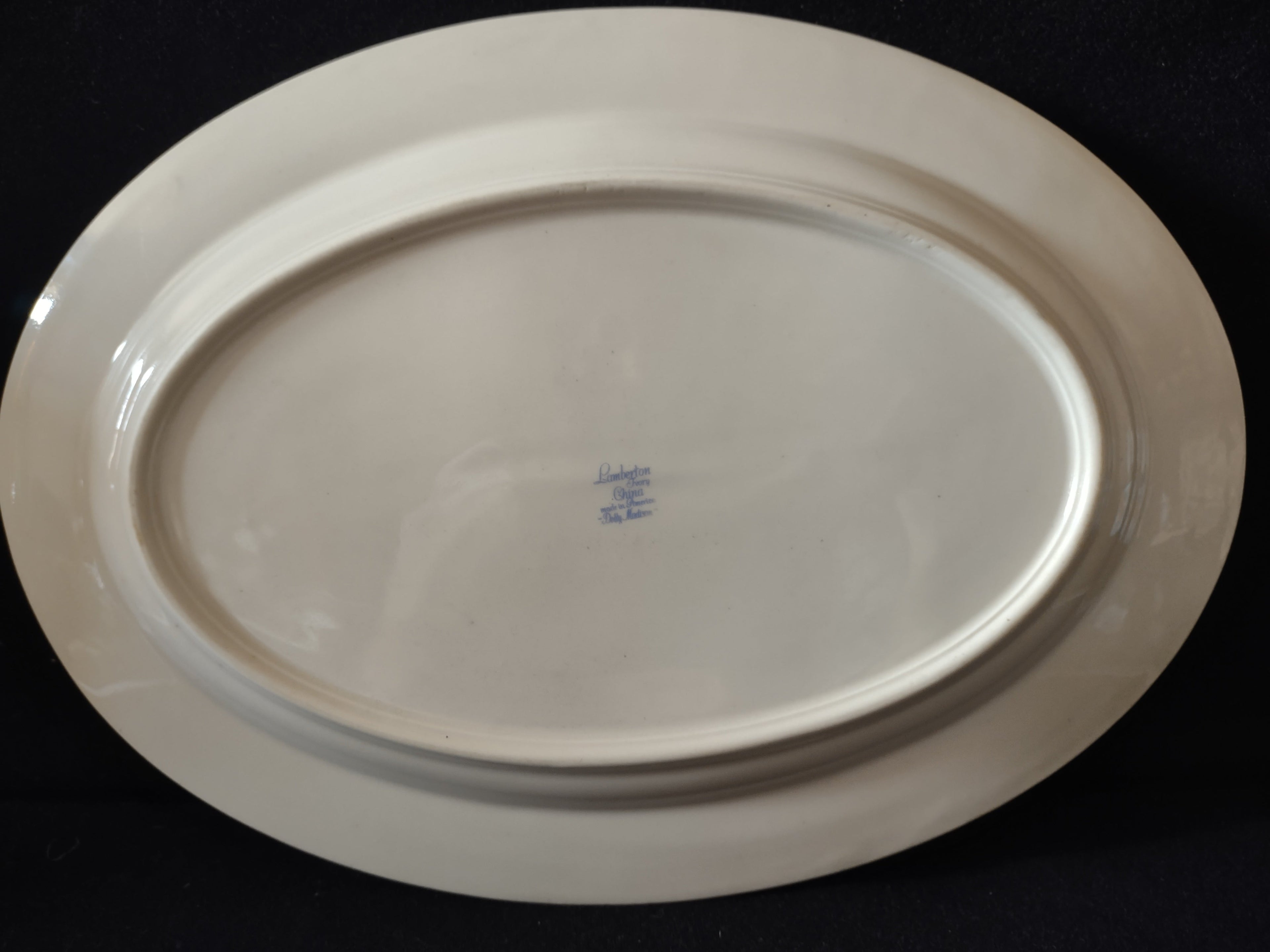 Vintage Lamberton China Dolly Madison oval serving platter front view with ruler showing approximately 9 inches tall