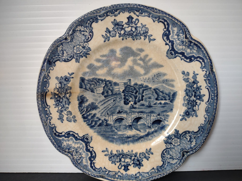 Johnson Bros Old Britain Castles blue transferware plate front view on white background