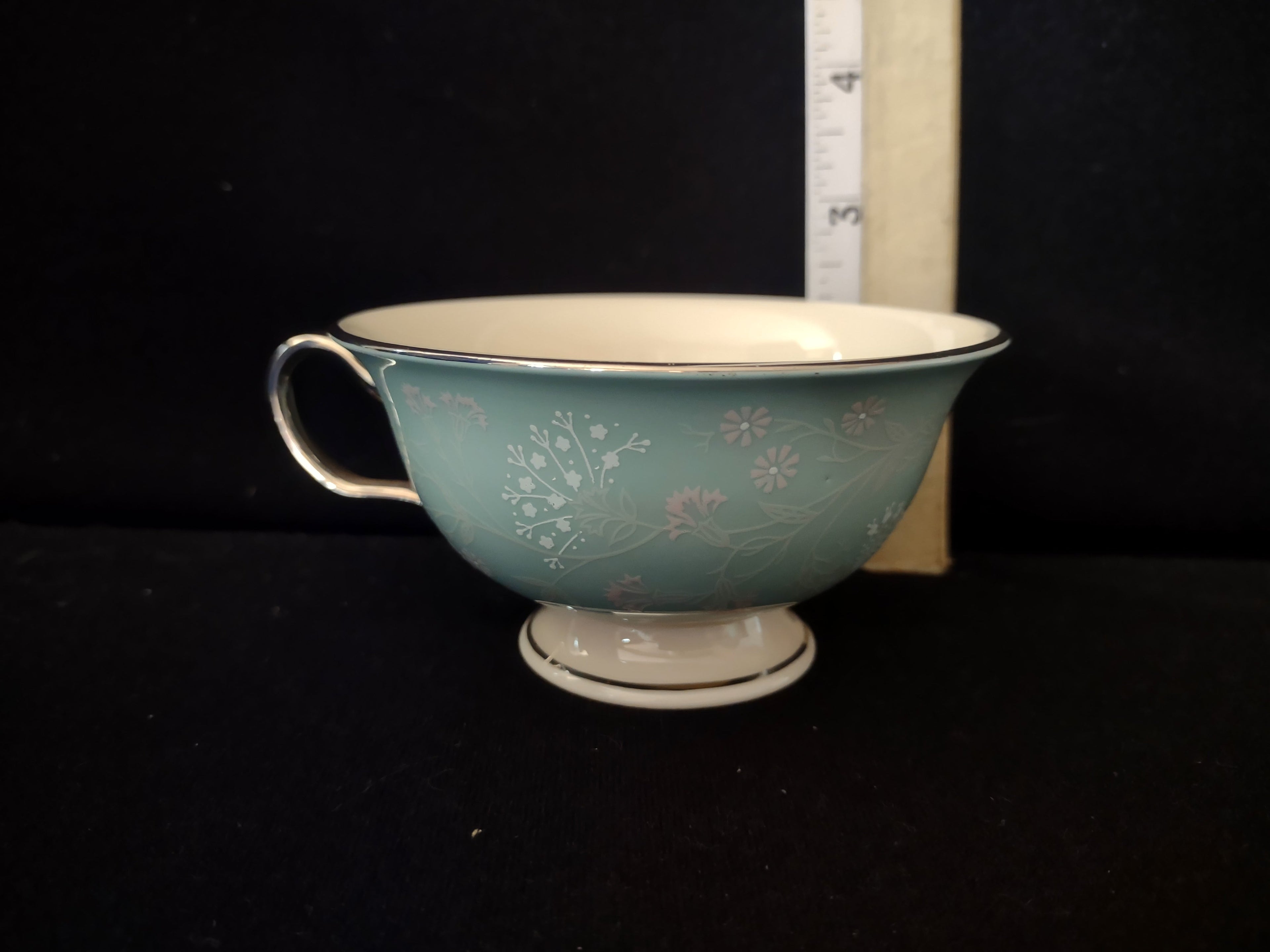 Castleton China Sunnyvale footed teacup bottom view showing platinum handle