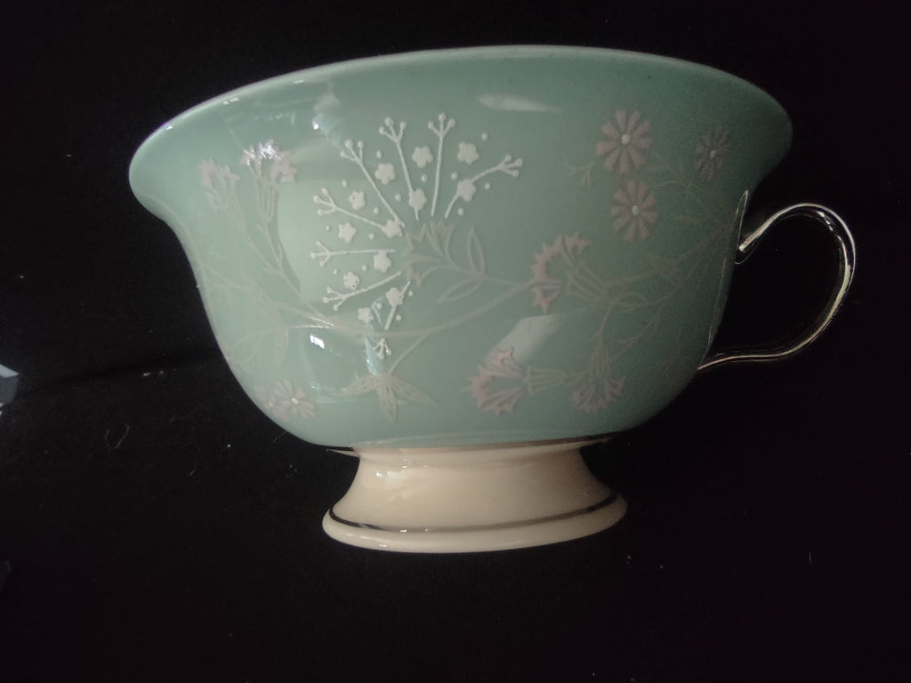 Castleton China Sunnyvale footed teacups set of 2, celadon green exterior with platinum trim