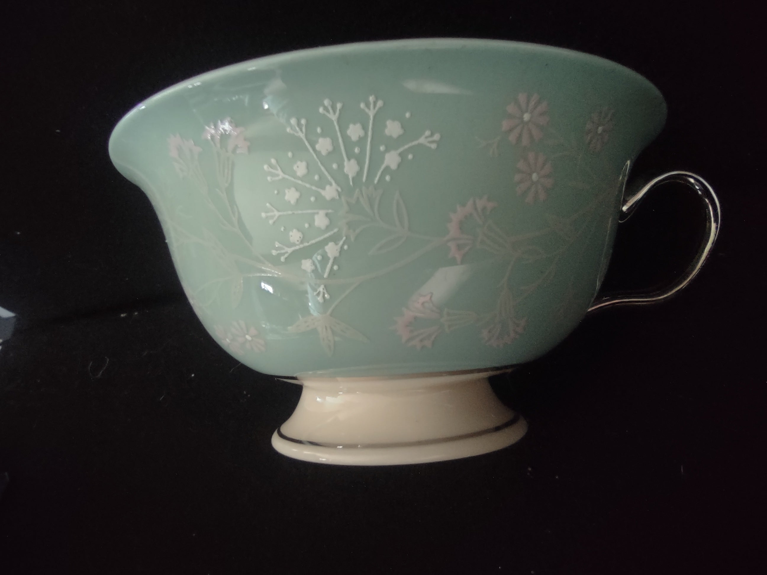 Castleton China Sunnyvale footed teacups set of 2, celadon green exterior with platinum trim