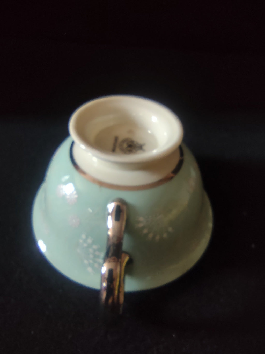 Castleton China Sunnyvale footed teacup interior view, off-white with platinum rim