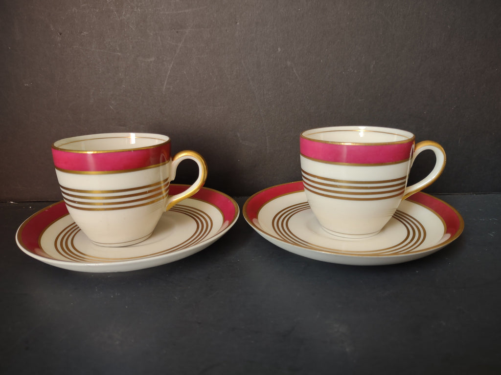 Vintage Warwick China crimson red and gold demitasse cup and saucer sets of 2 front view