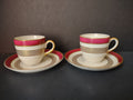 Vintage Warwick China crimson red and gold demitasse cup and saucer sets of 2 front view