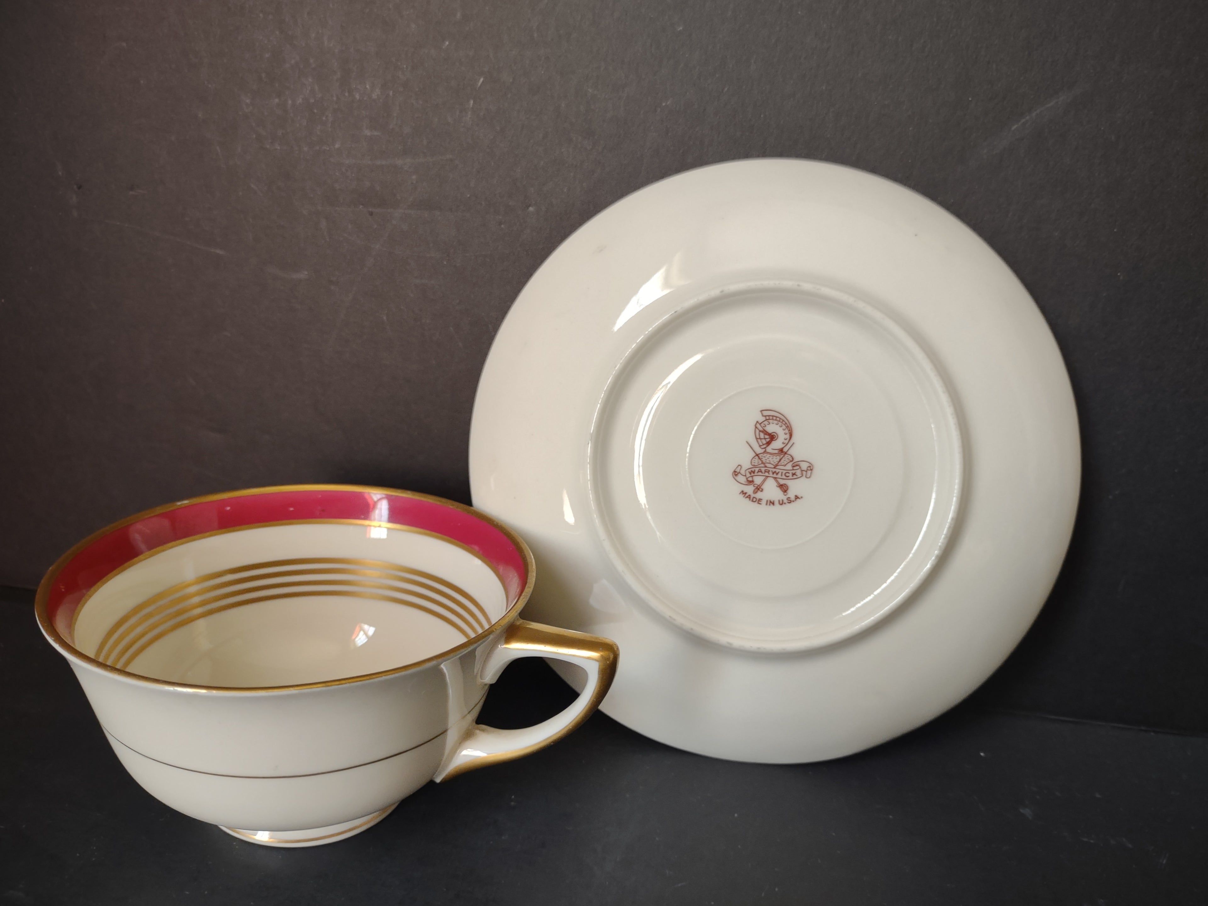 Vintage Warwick China Crimson & Gold Formal Cup & Saucer Set of 2 [6940]