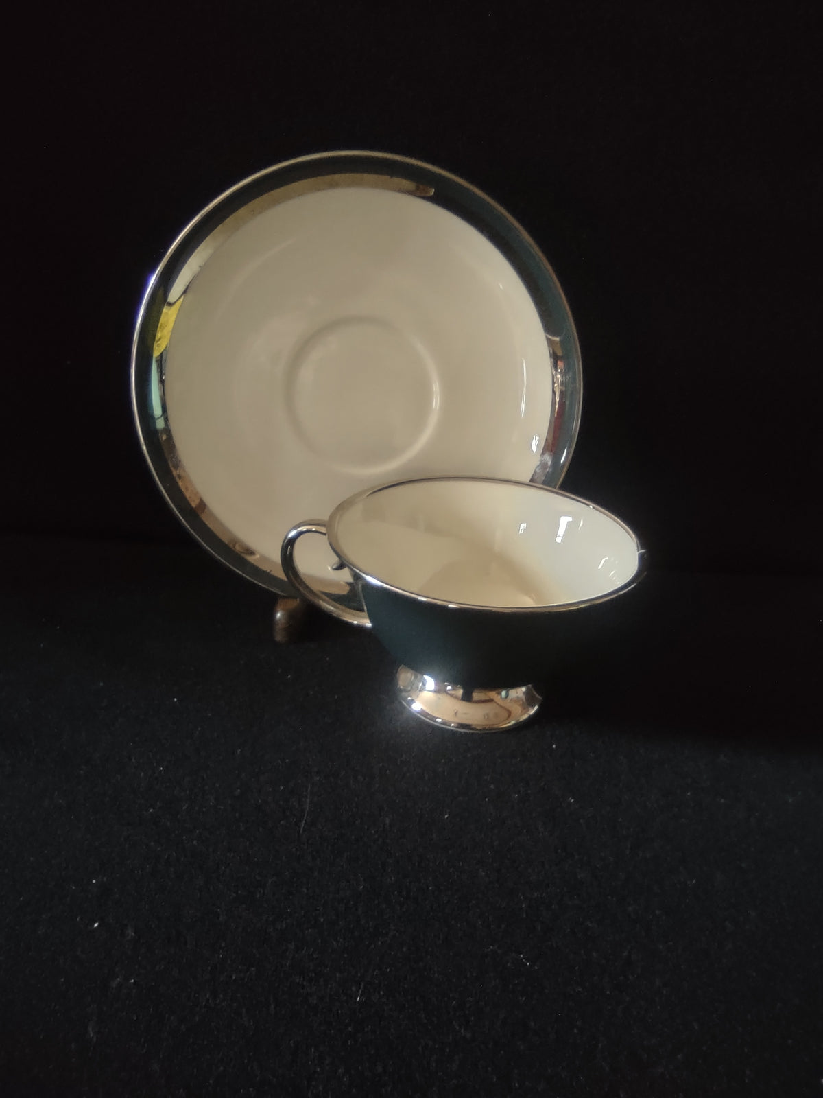 Vintage Flintridge China Teal & Platinum Cup & Saucer Set California [6864]