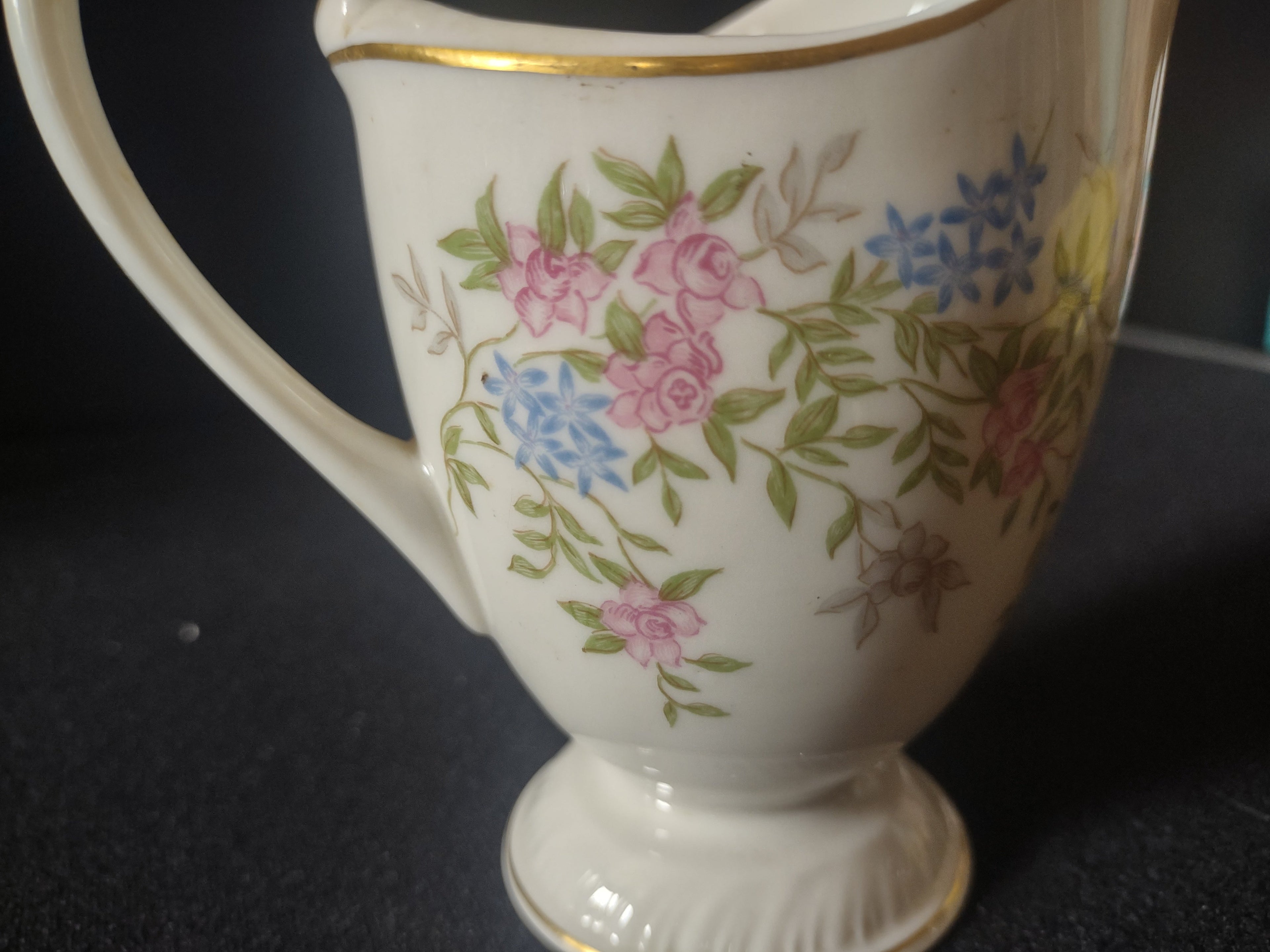 Vintage footed creamer pattern detail - pink roses and blue flowers