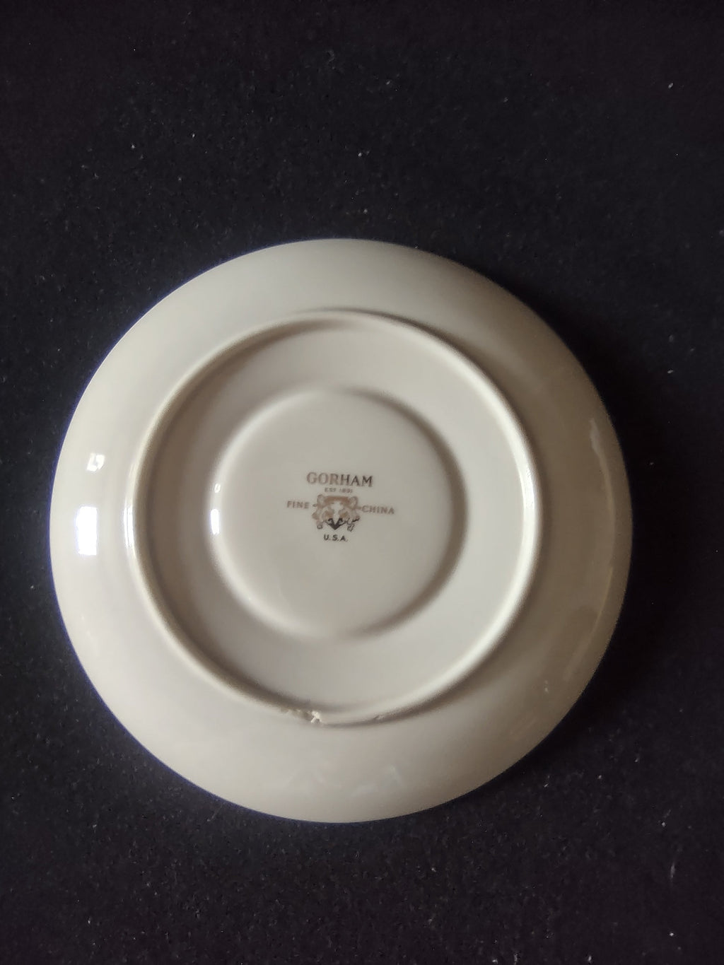 Vintage Gorham Fine China Platinum Band Saucer - backstamp closeup