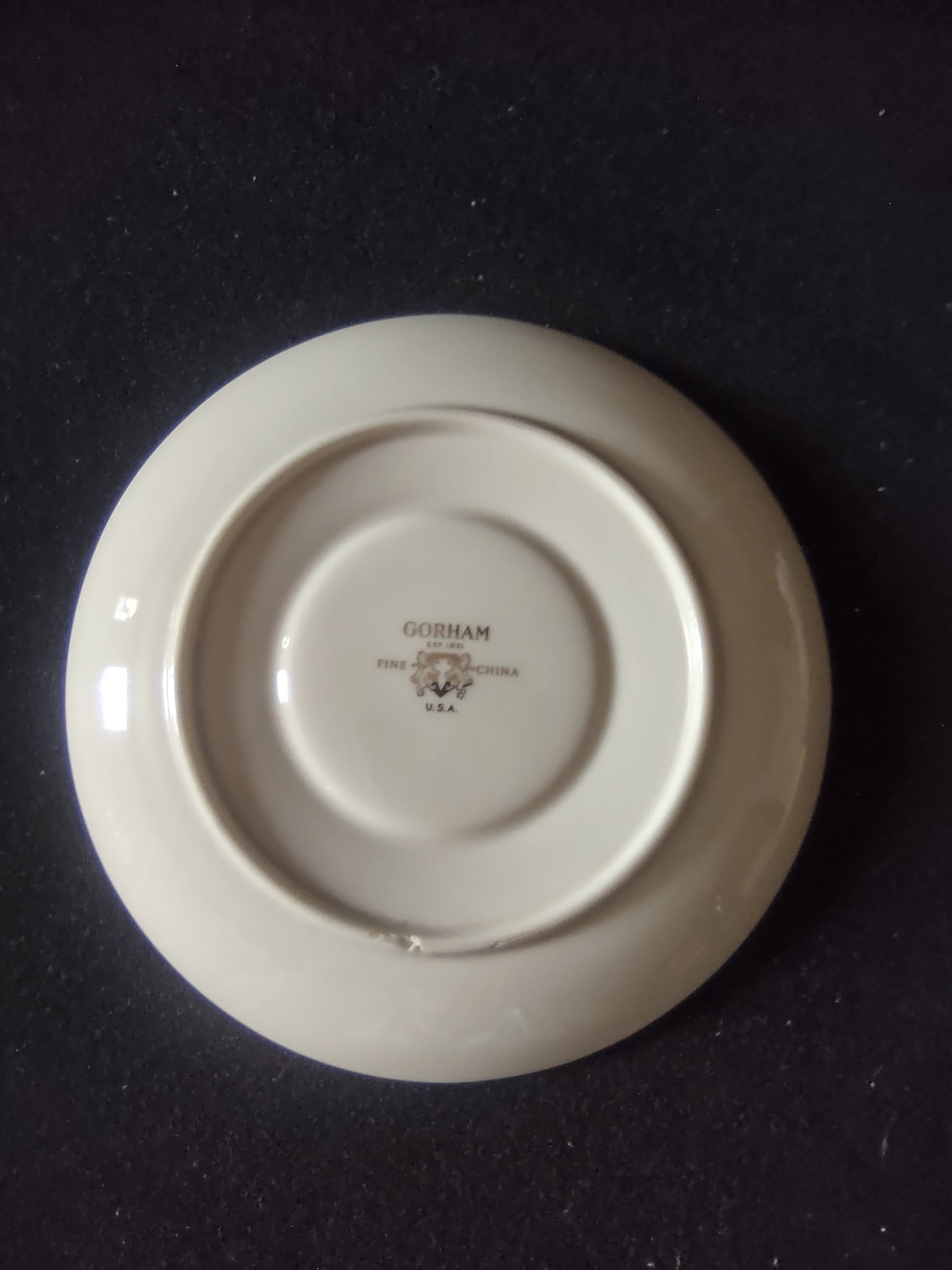 Vintage Gorham Fine China Platinum Band Saucer - backstamp closeup