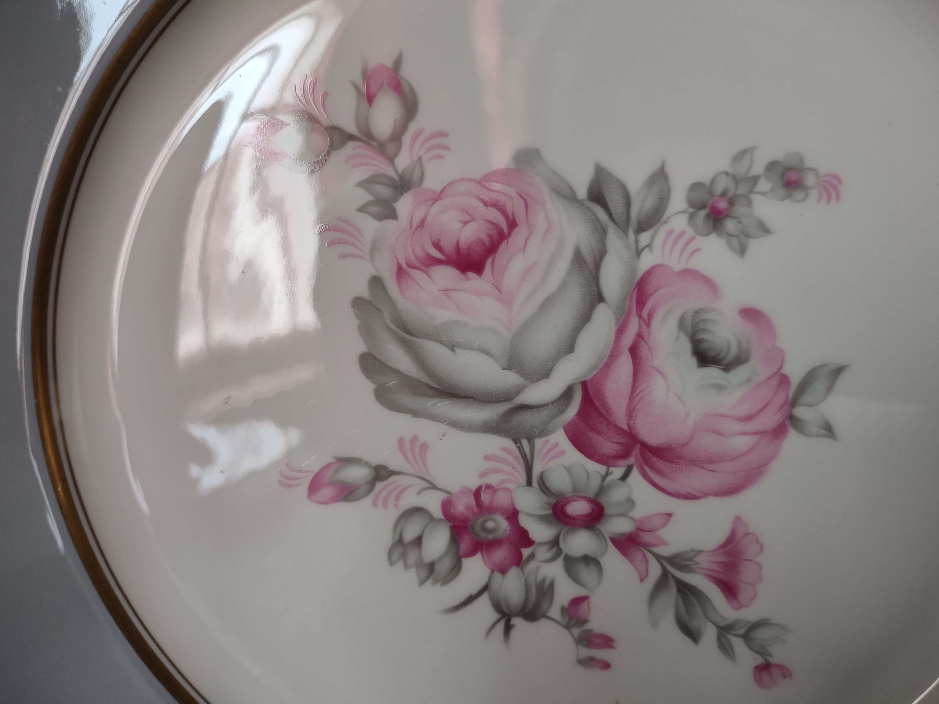 Close-up of Rosemere pink rose and bud transfer on Castleton China plate