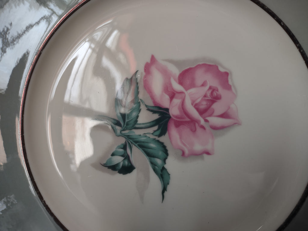 Vintage Blue & Pink Rose Bud Platinum Trim Plate [6983]