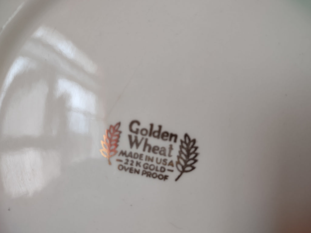 Vintage Golden Wheat plate backstamp reading Golden Wheat Made in USA 22K Gold Oven Proof