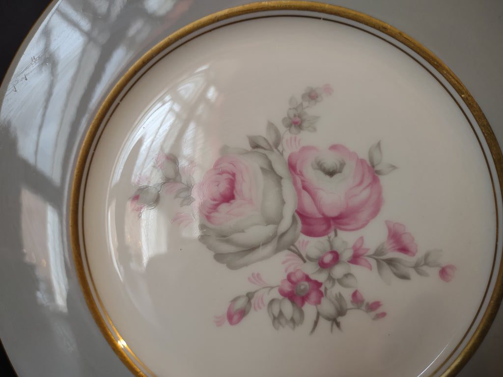 Vintage Castleton China Rosemere Pink Rose Gray Border Plate [6971]