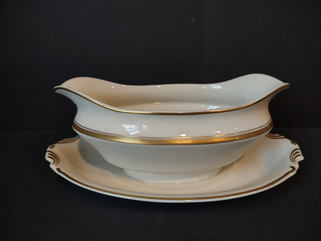 Vintage Syracuse China White Gravy Boat with Attached Underplate Gold [6975]