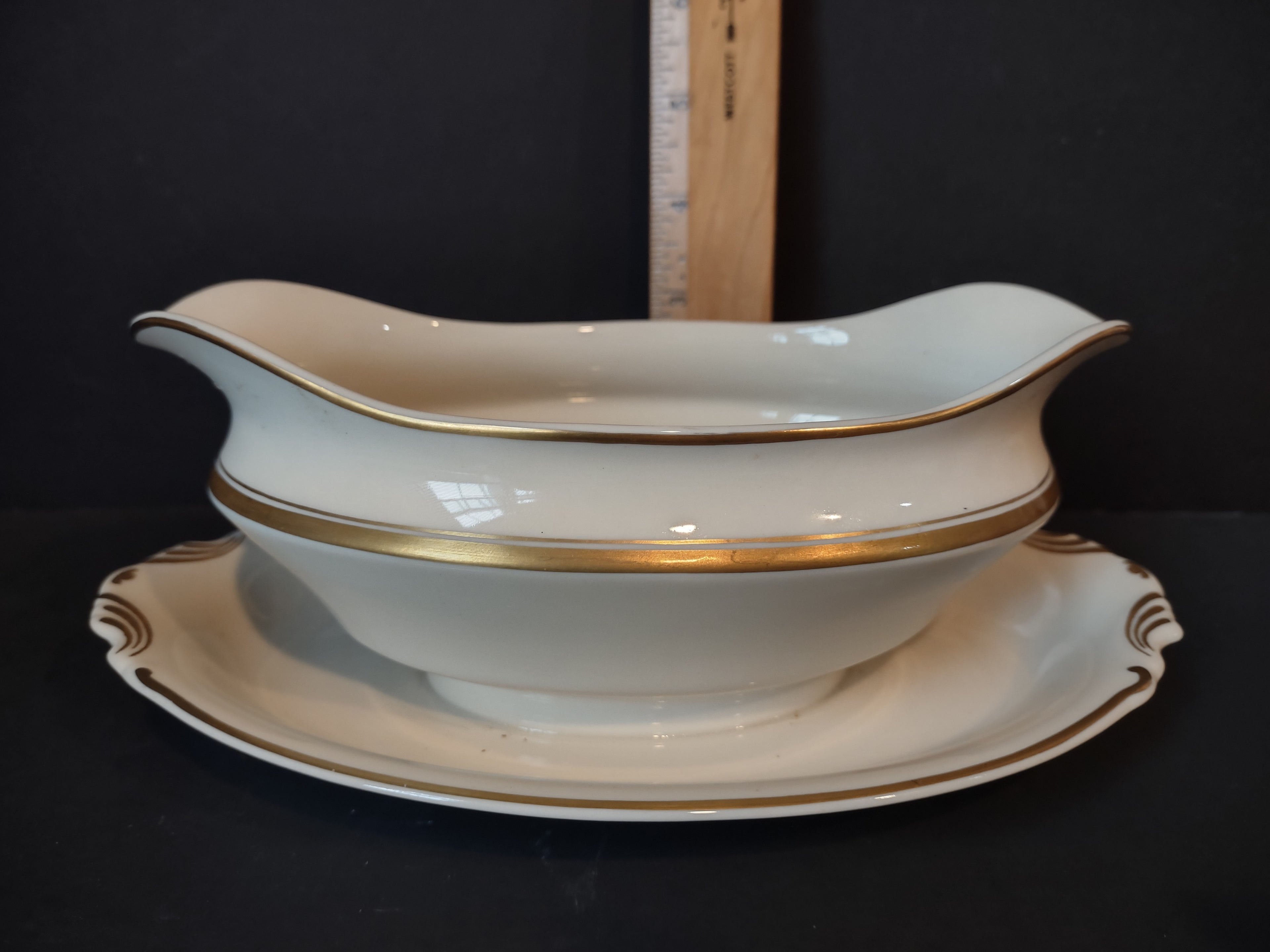Vintage Syracuse China White Gravy Boat with Attached Underplate Gold [6975]