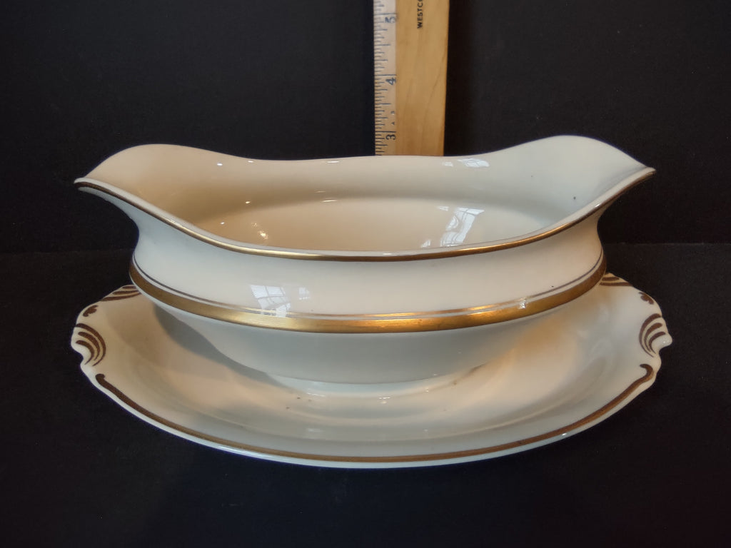 Vintage Syracuse China White Gravy Boat with Attached Underplate Gold [6975]