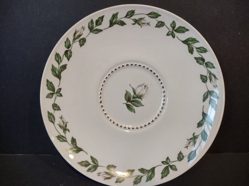 Vintage Superior Hall Cameo Rose saucer - full top view showing ivy garland border and central rosebud motif