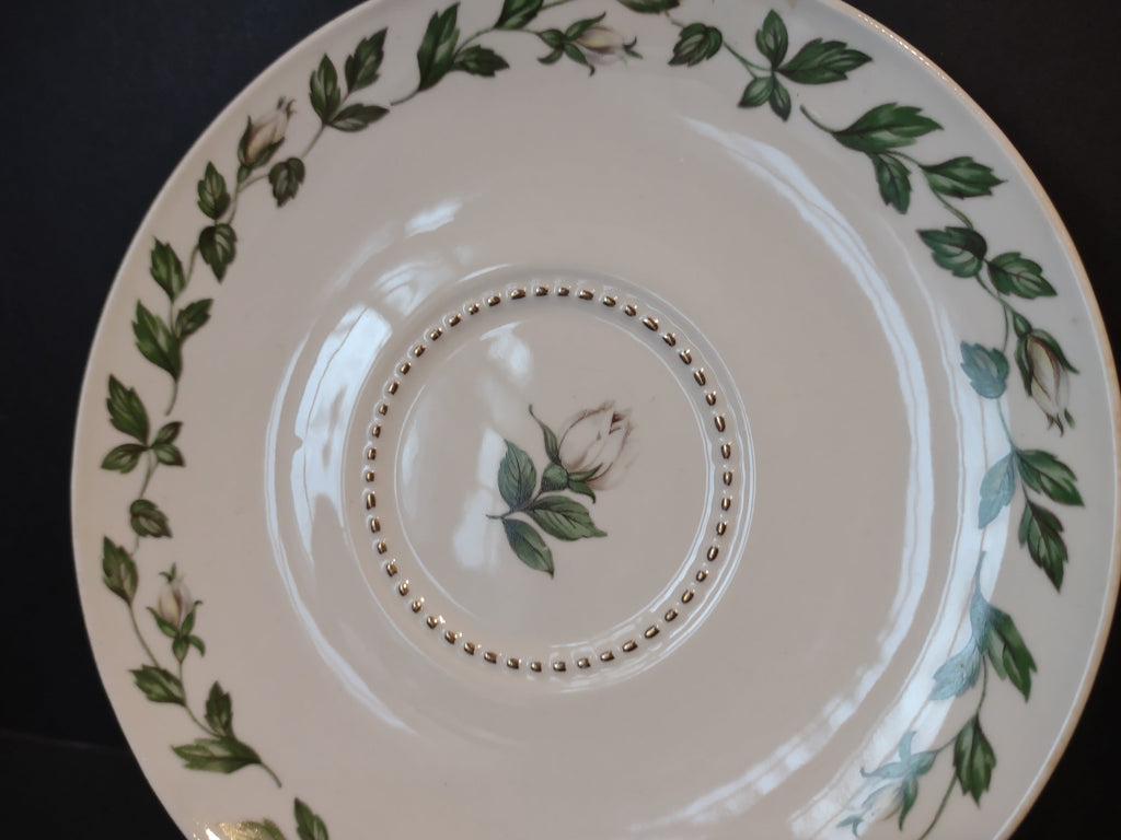 Vintage Superior Hall Cameo Rose saucer - close-up of center showing rosebud and gold dot beading ring