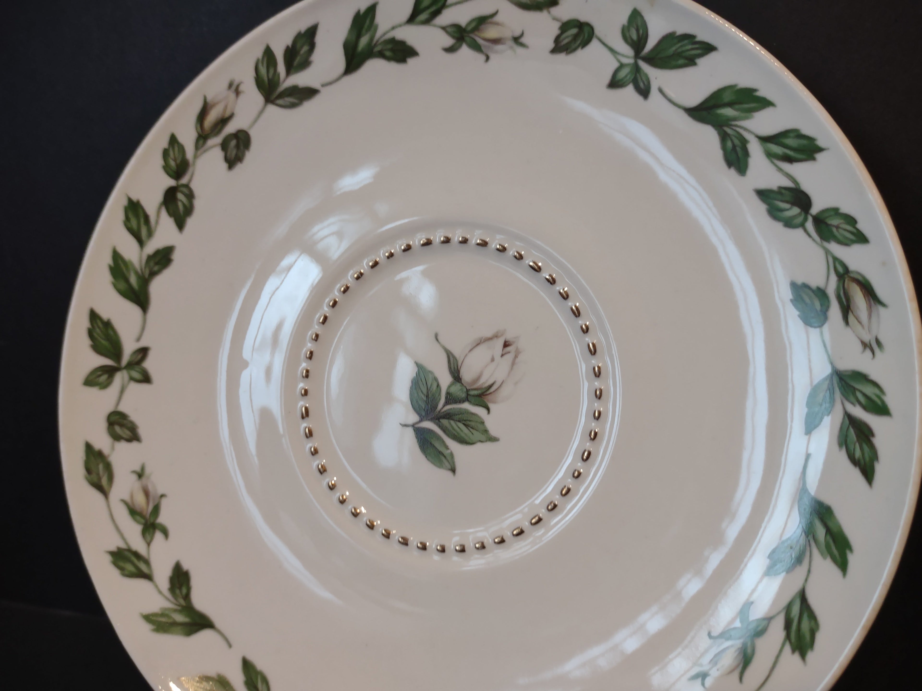 Vintage Superior Hall Cameo Rose saucer - close-up of center showing rosebud and gold dot beading ring