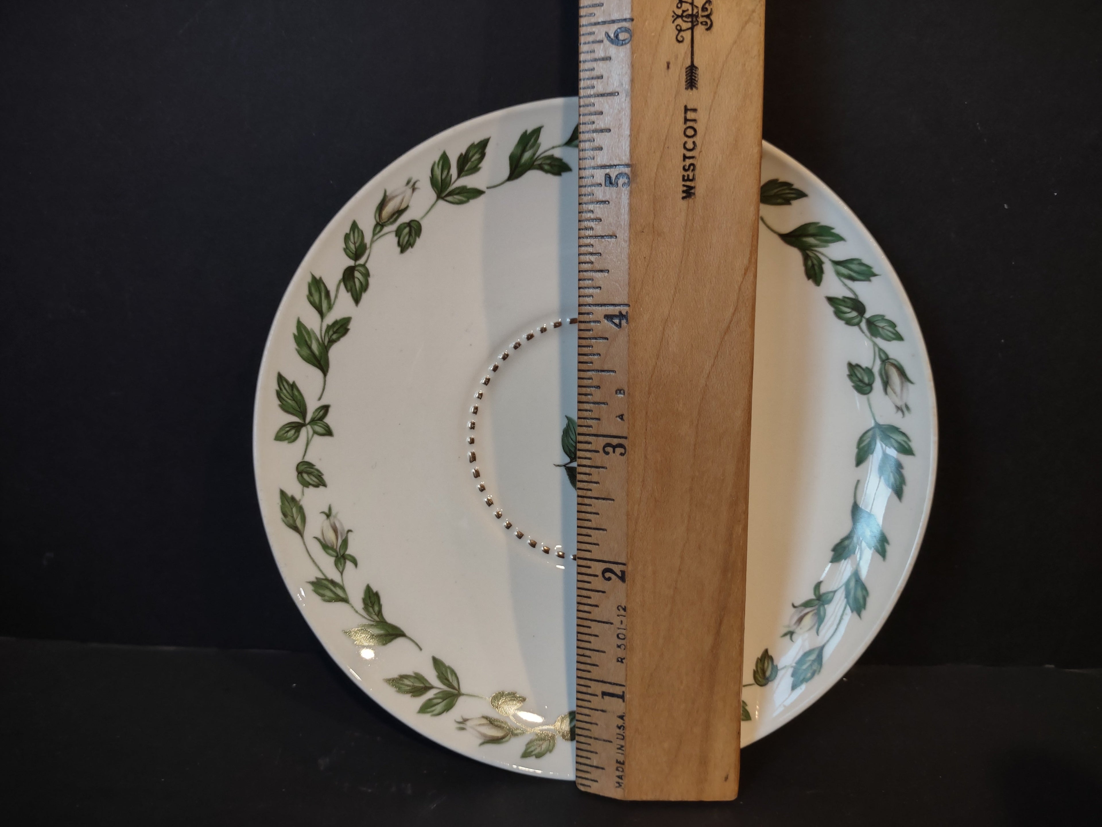 Vintage Superior Hall Cameo Rose saucer - ruler showing approximately 6 inches diameter