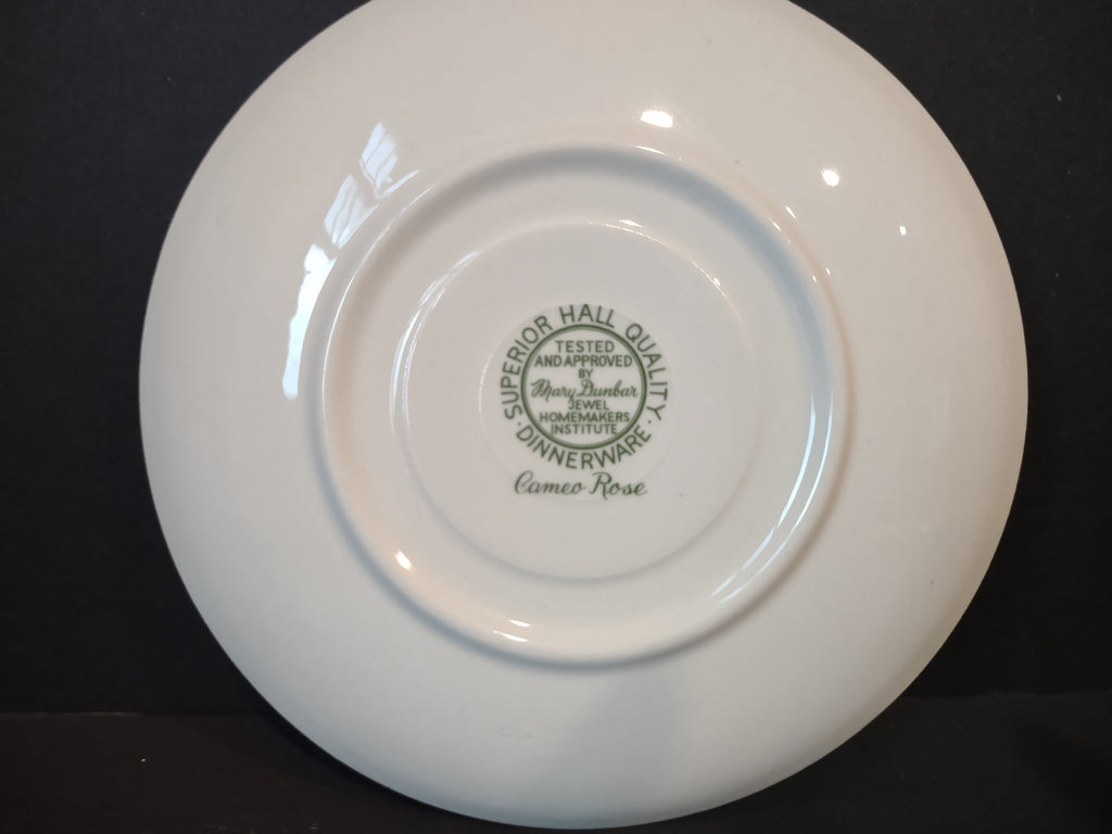 Vintage Superior Hall Cameo Rose saucer - backstamp reading Superior Hall Quality Dinnerware Cameo Rose Mary Dunbar Jewel Homemakers Institute