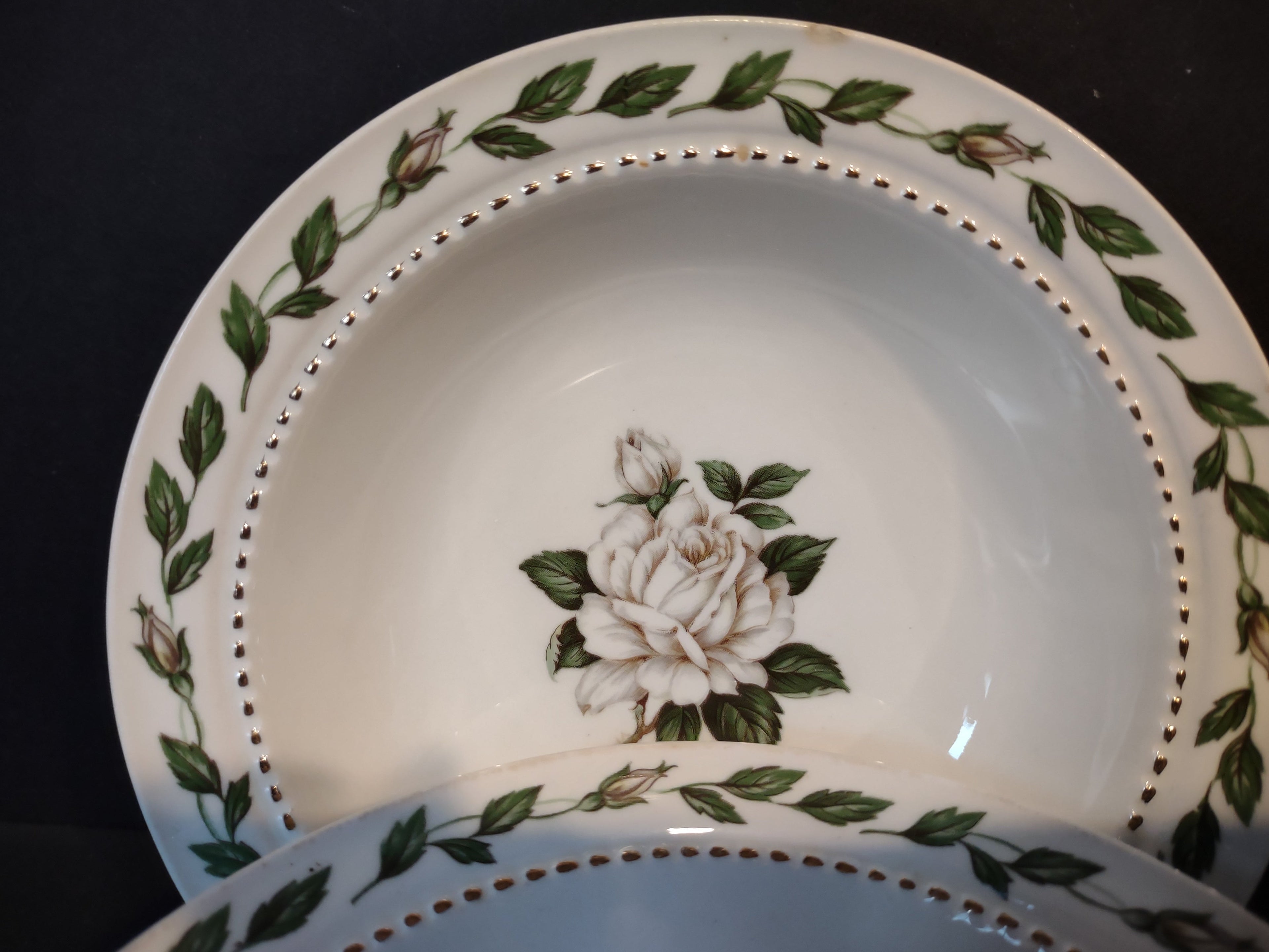 Superior Hall Cameo Rose soup bowl - interior view showing central white rose motif and gold dot border