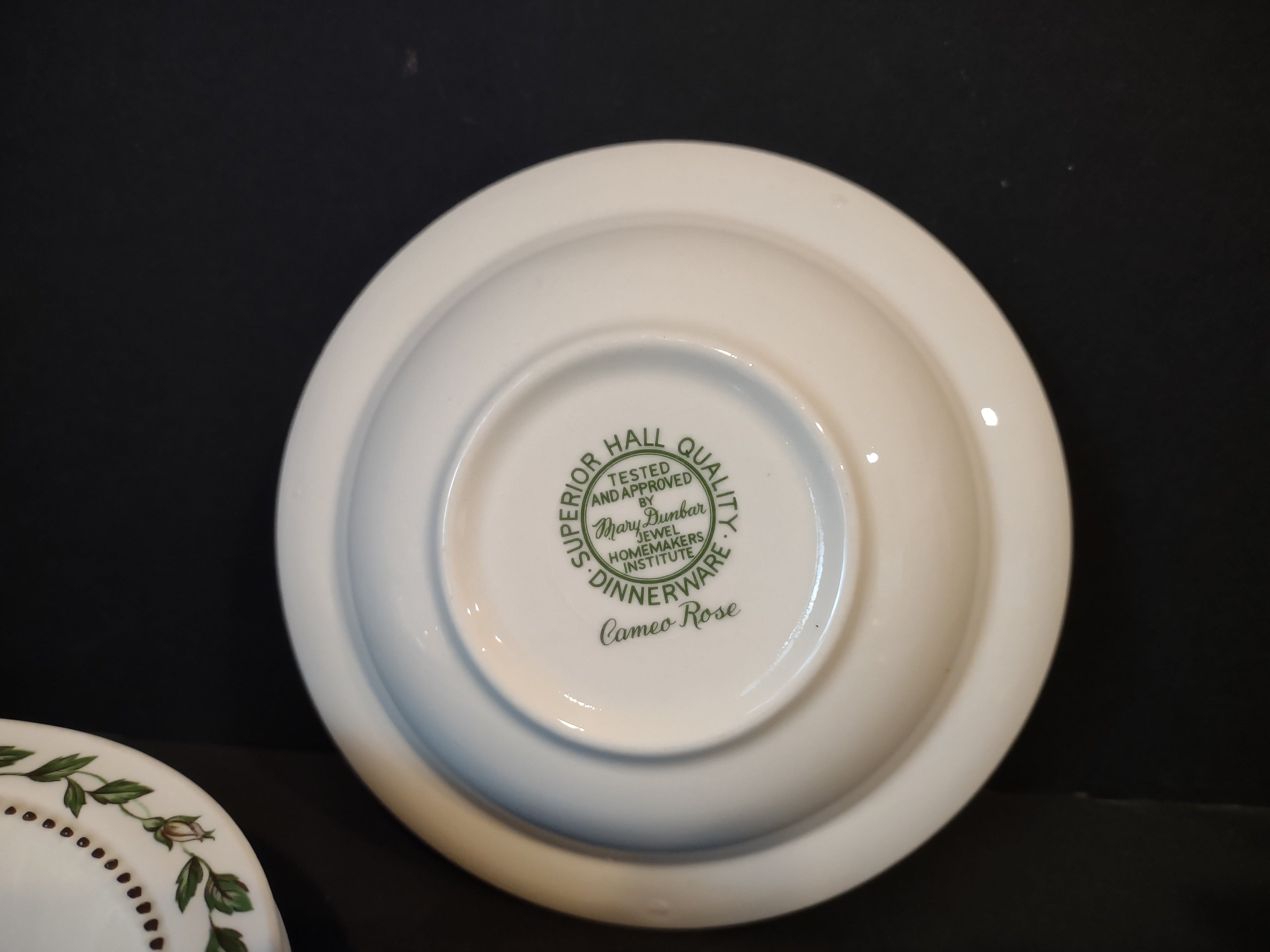 Superior Hall Cameo Rose soup bowl - backstamp reading Superior Hall Quality Dinnerware Cameo Rose Mary Dunbar Jewel Homemakers Institute