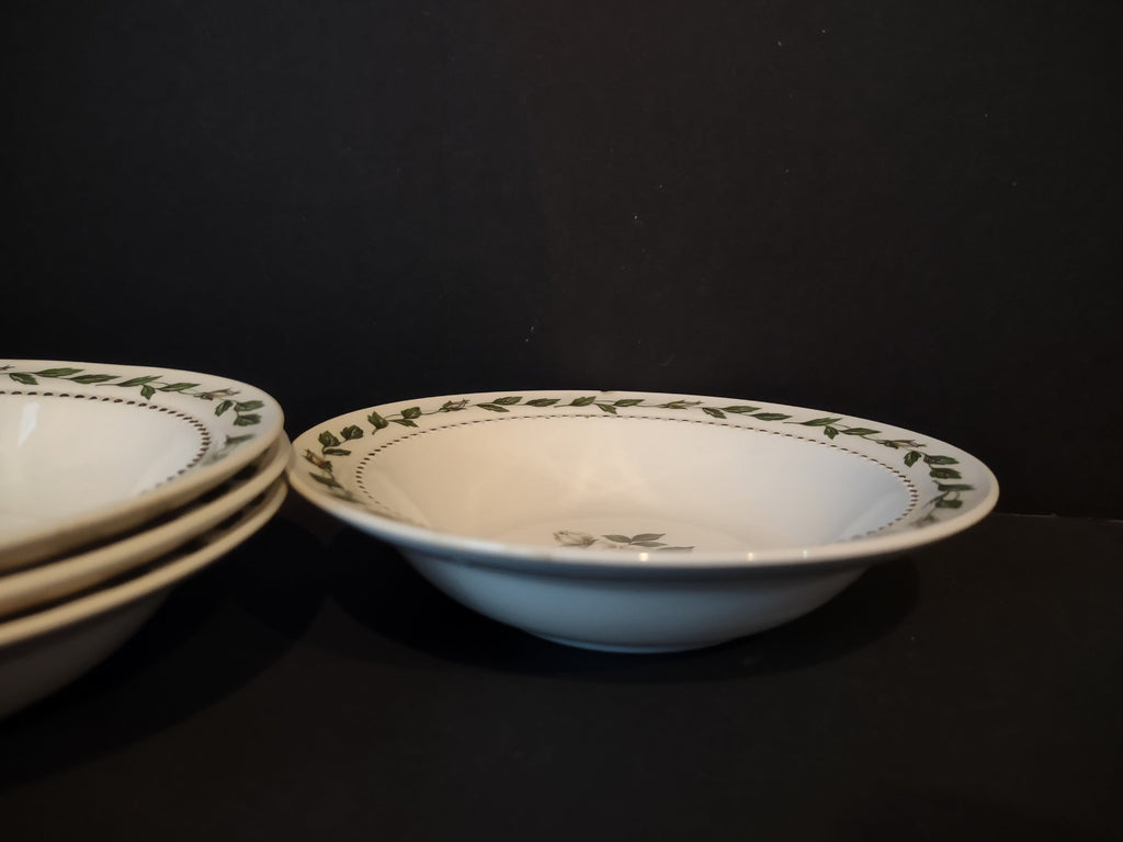 Superior Hall Cameo Rose soup bowls - side profile view showing set of 4 stacked with shallow rimmed shape