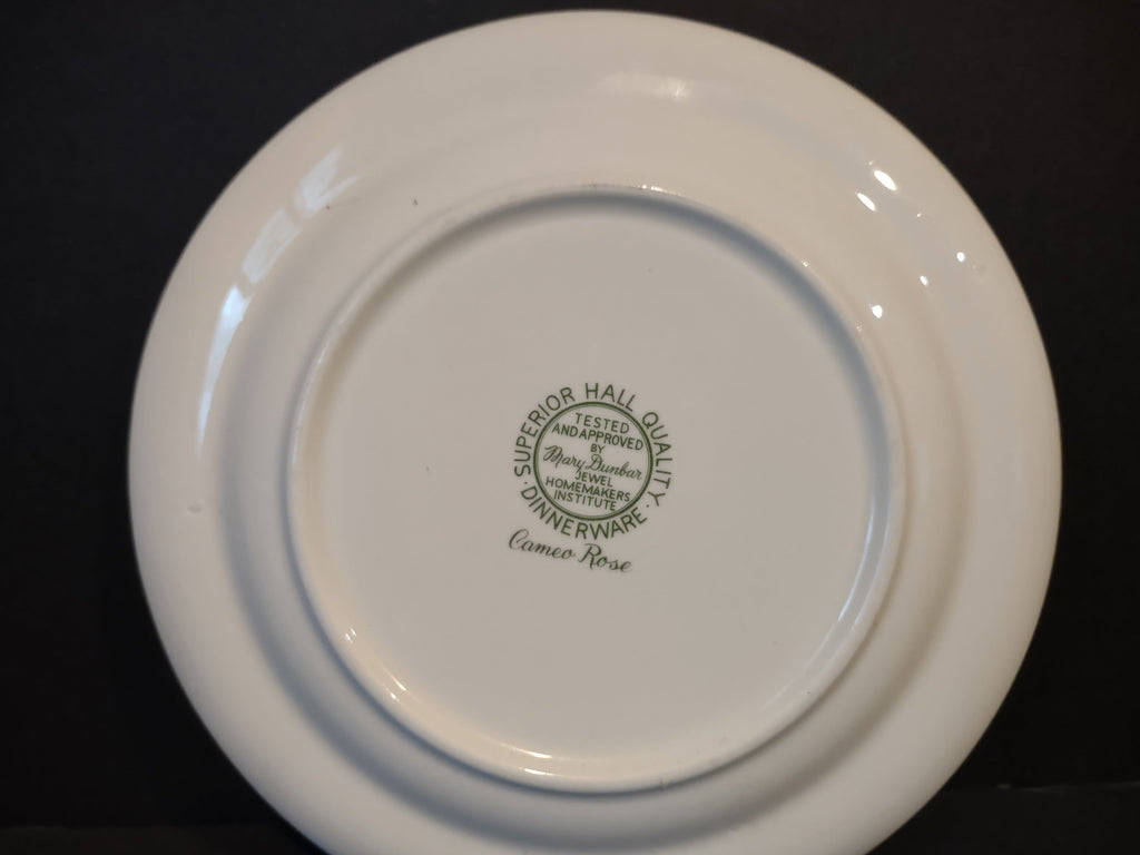 Vintage Superior Hall Cameo Rose plate - backstamp reading Superior Hall Quality Dinnerware Cameo Rose Mary Dunbar Jewel Homemakers Institute