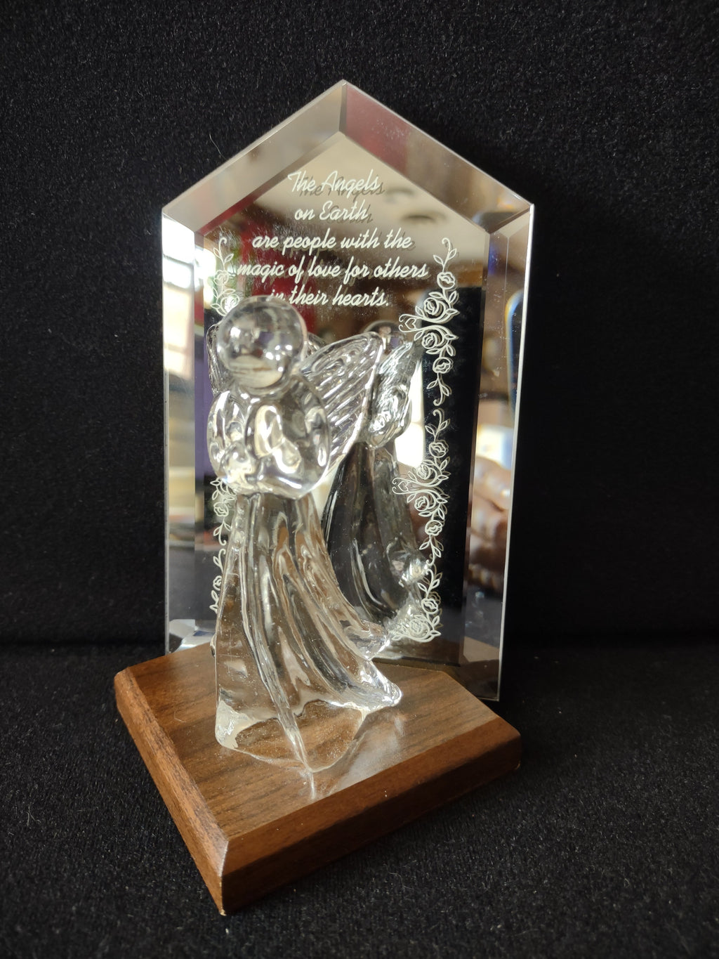 Vintage glass angel figurine with engraved crystal mirror plaque on wood base - back view