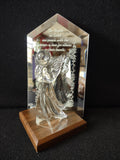 Vintage glass angel figurine with engraved crystal mirror plaque on wood base - back view