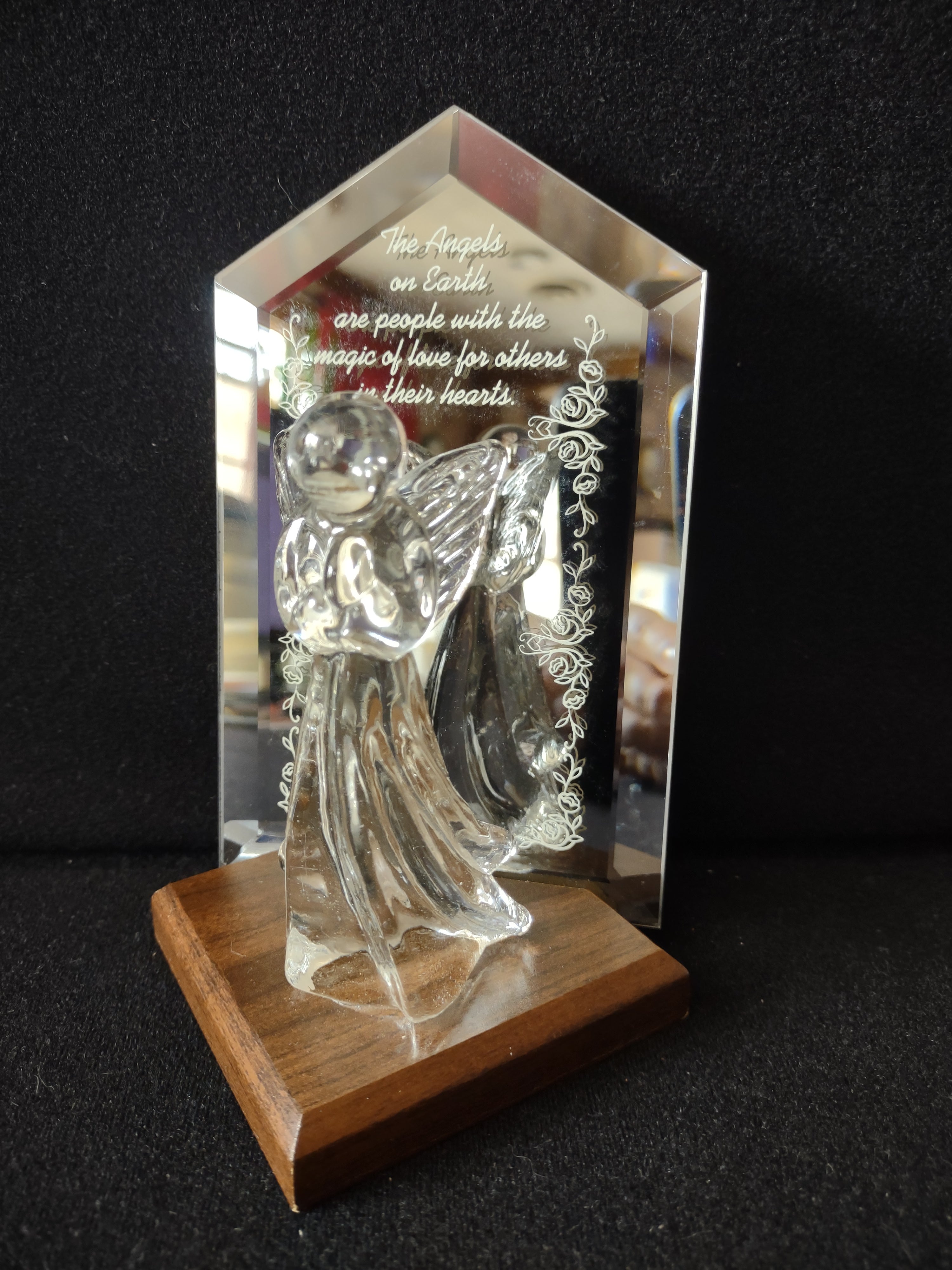 Vintage glass angel figurine with engraved crystal mirror plaque on wood base - back view