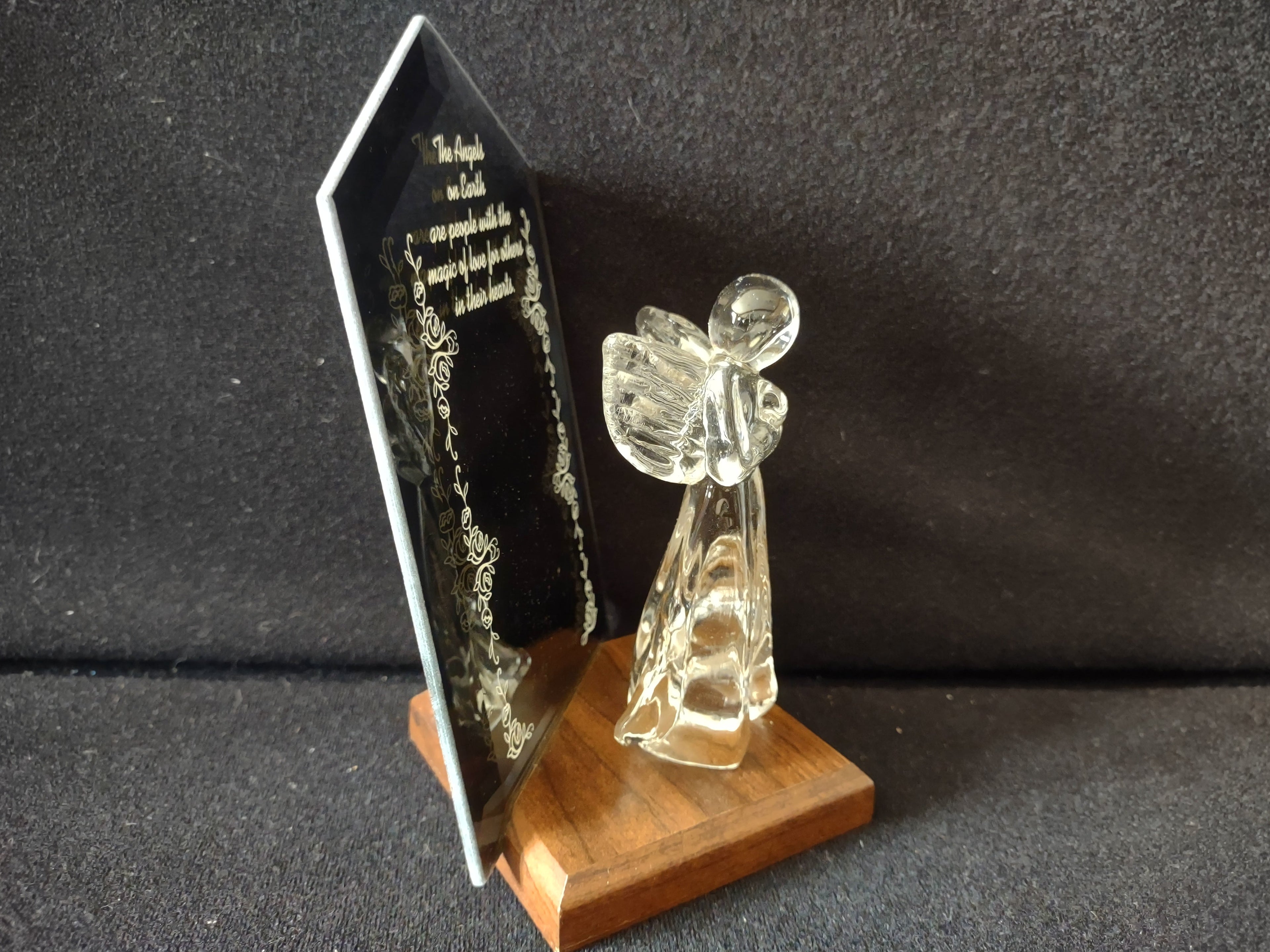 Vintage glass angel figurine - front full view with wood base