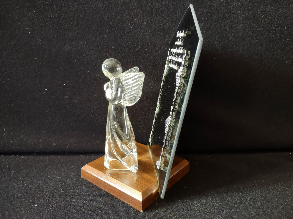 Vintage glass angel figurine - three-quarter view showing crystal plaque and wood base