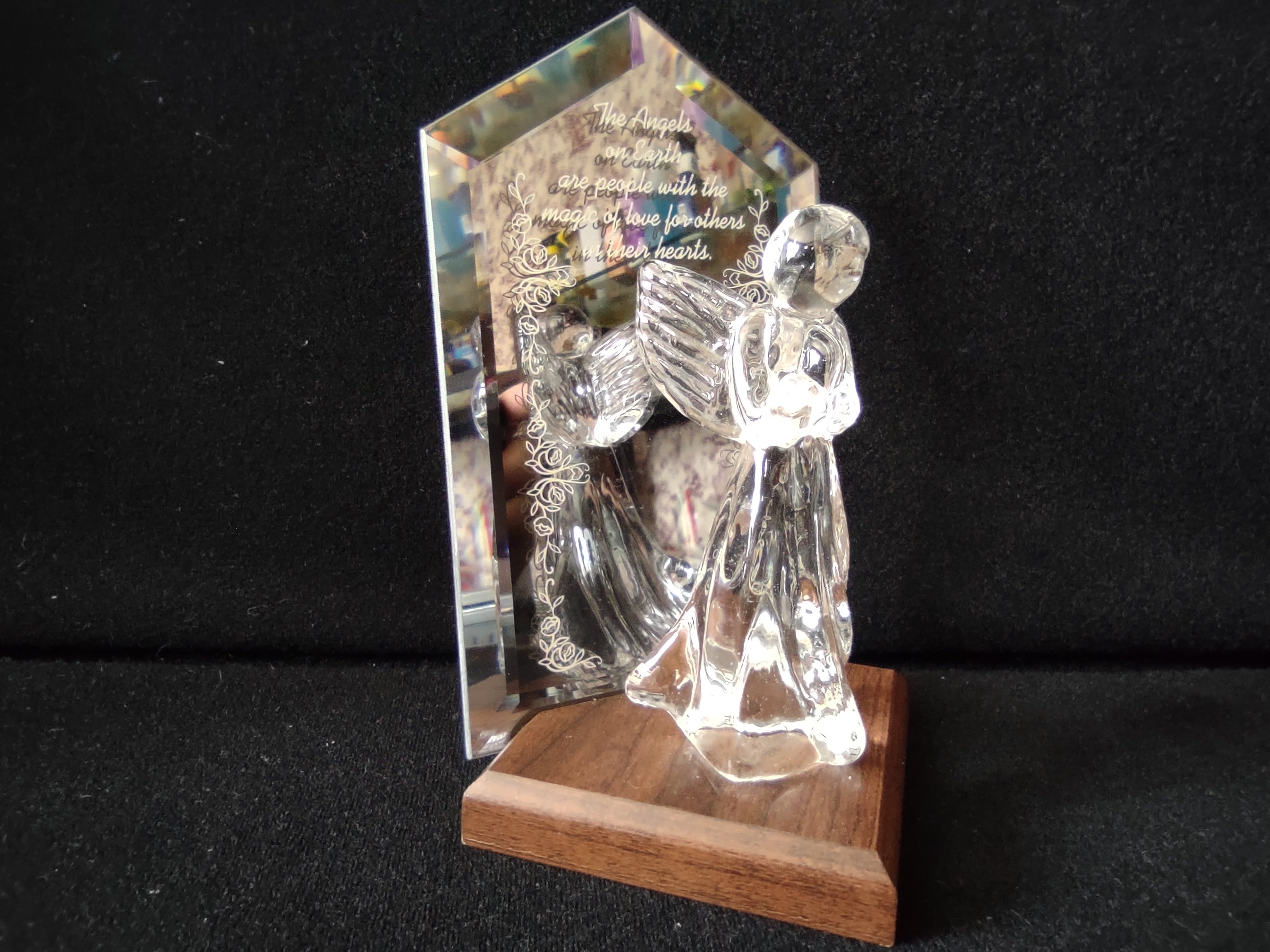 Vintage glass angel figurine with engraved crystal mirror plaque on wood base - side view