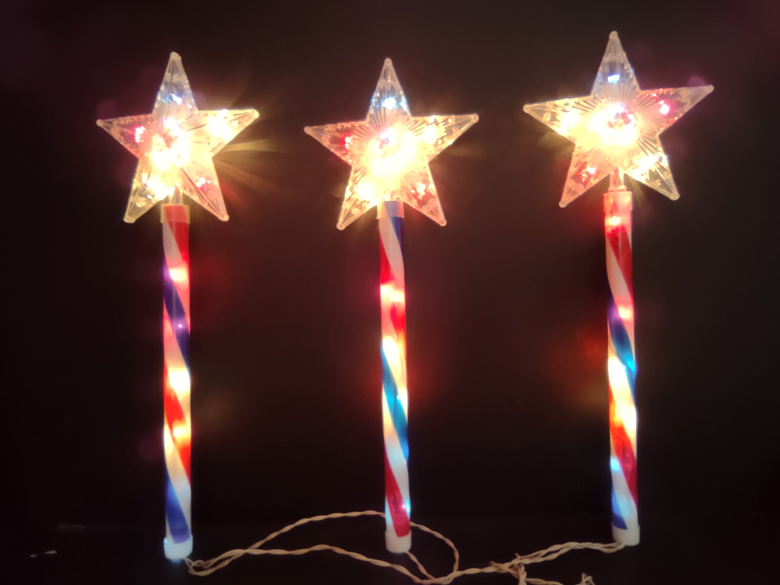 Vintage Red White Blue Lighted Star Wand Pathway Markers Set of 3 [6981]