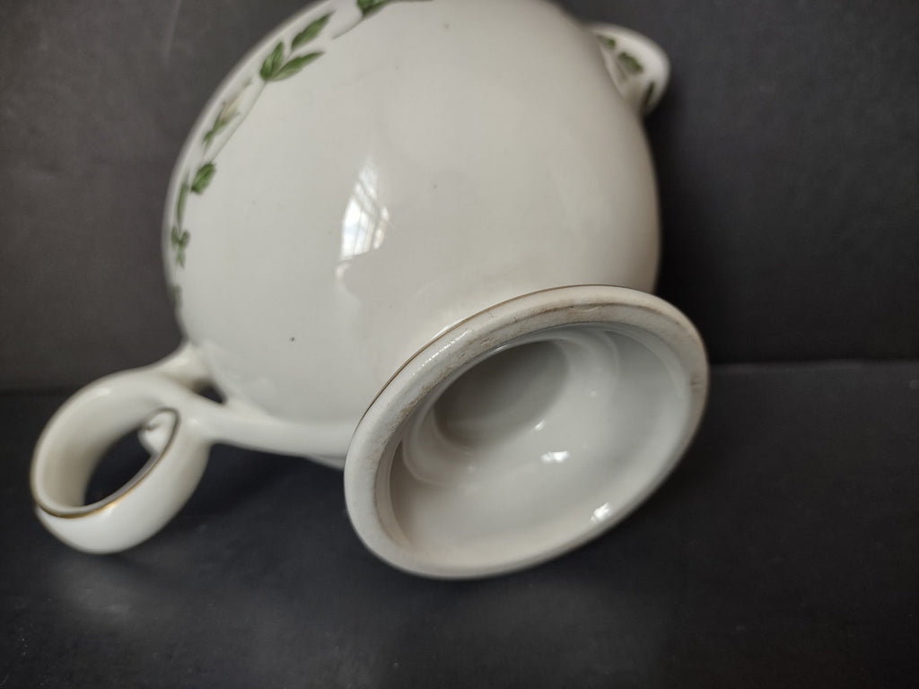 Vintage green ivy garland gold trim porcelain gravy boat - three-quarter view showing spout and pattern