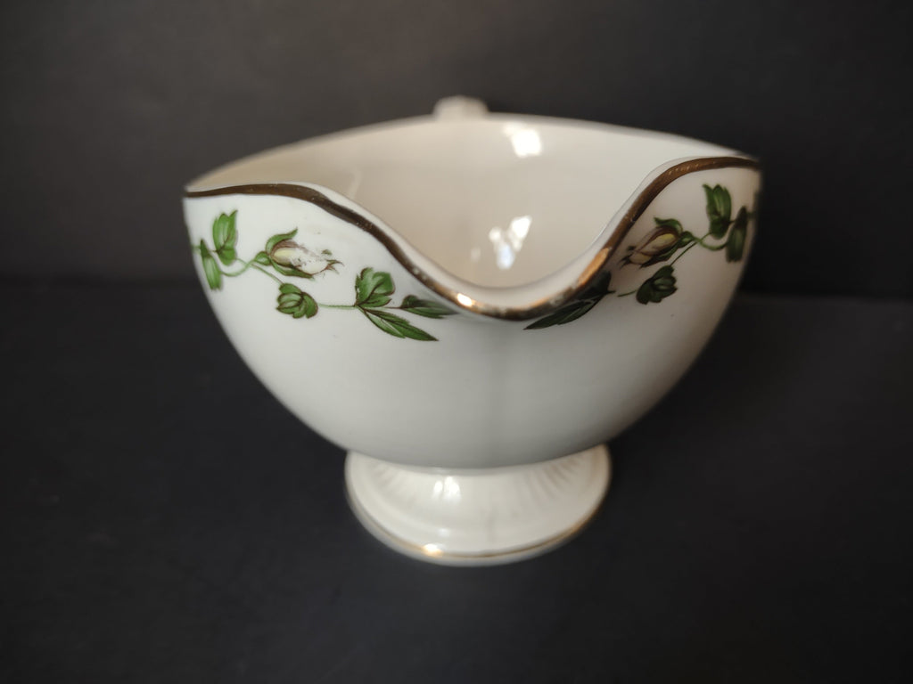 Vintage green ivy garland gold trim porcelain gravy boat - side view showing full garland pattern