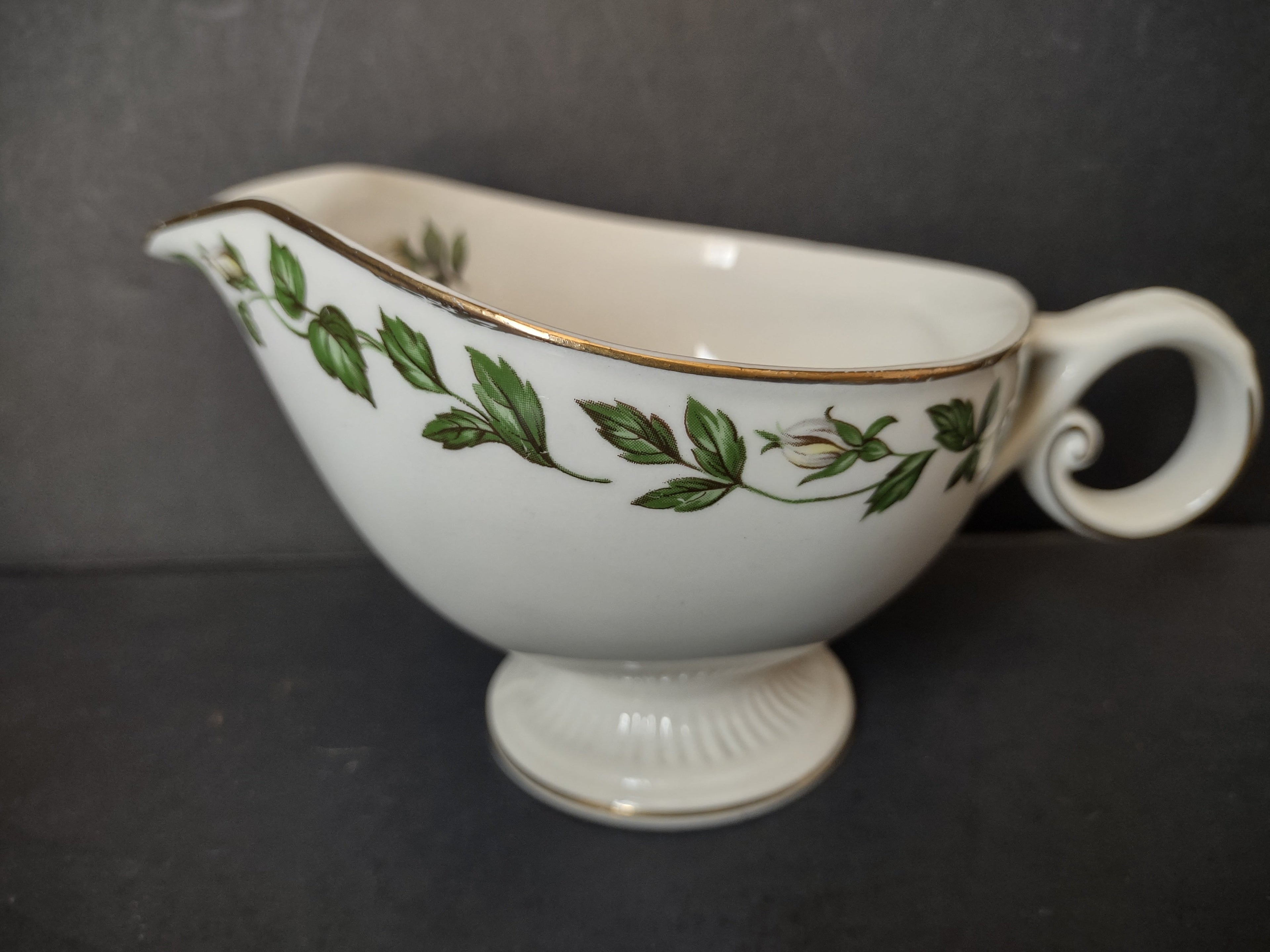 Vintage green ivy garland gold trim porcelain gravy boat - opposite side view