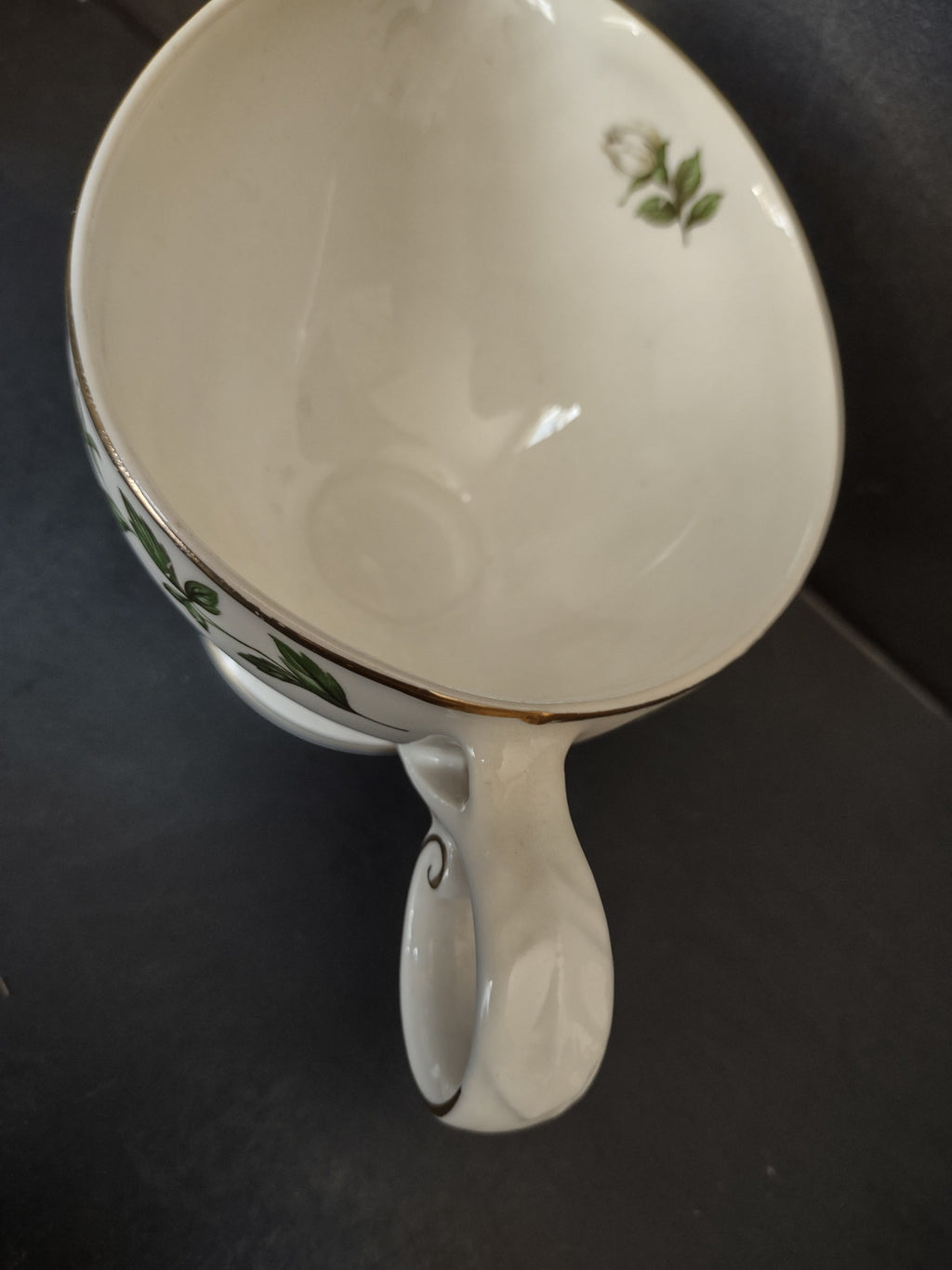 Vintage green ivy garland gold trim porcelain gravy boat - interior view showing small sprig motif