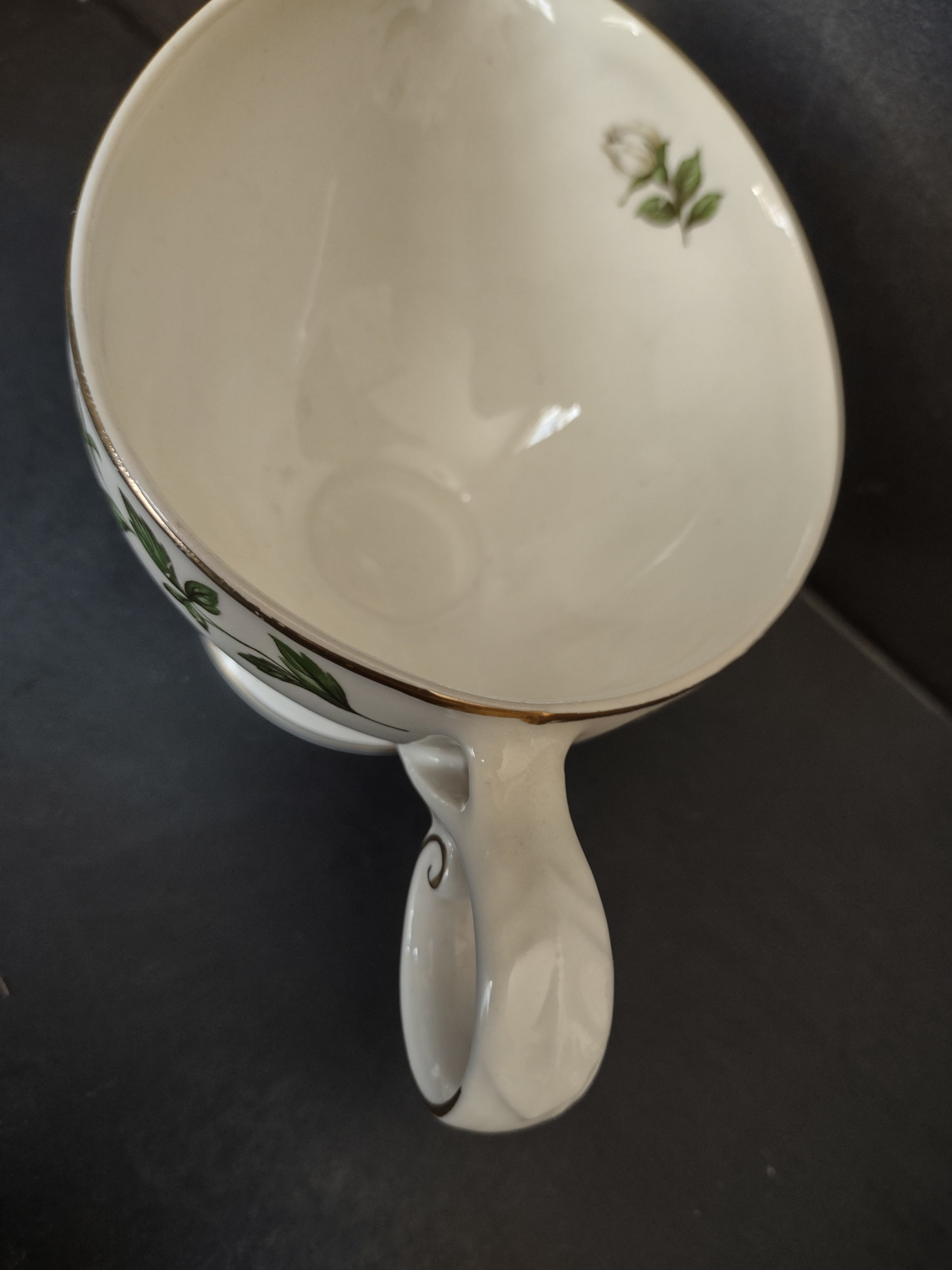 Vintage green ivy garland gold trim porcelain gravy boat - interior view showing small sprig motif
