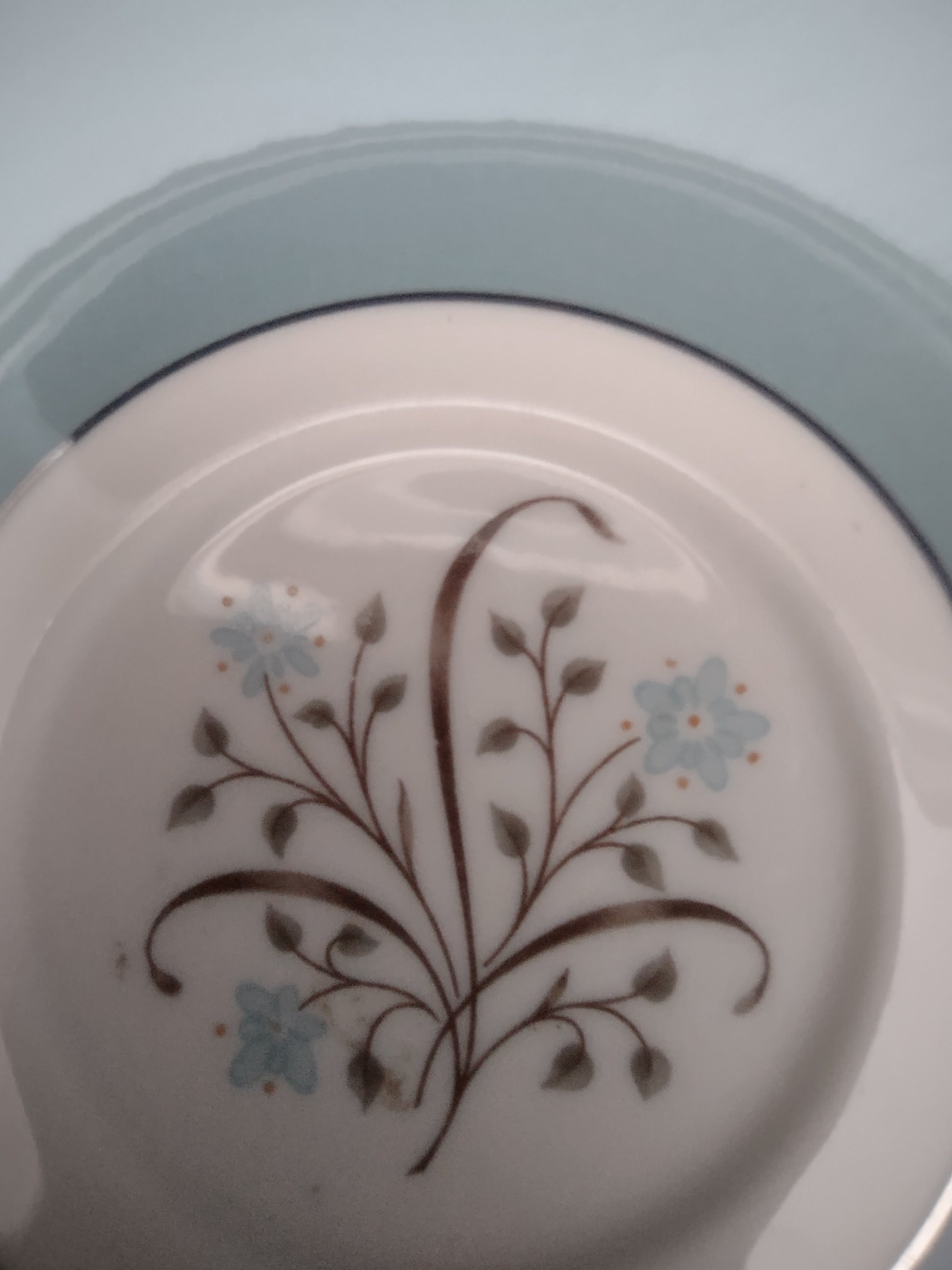 Syracuse China Meadow Breeze saucer with ruler showing approximately 6 inch diameter